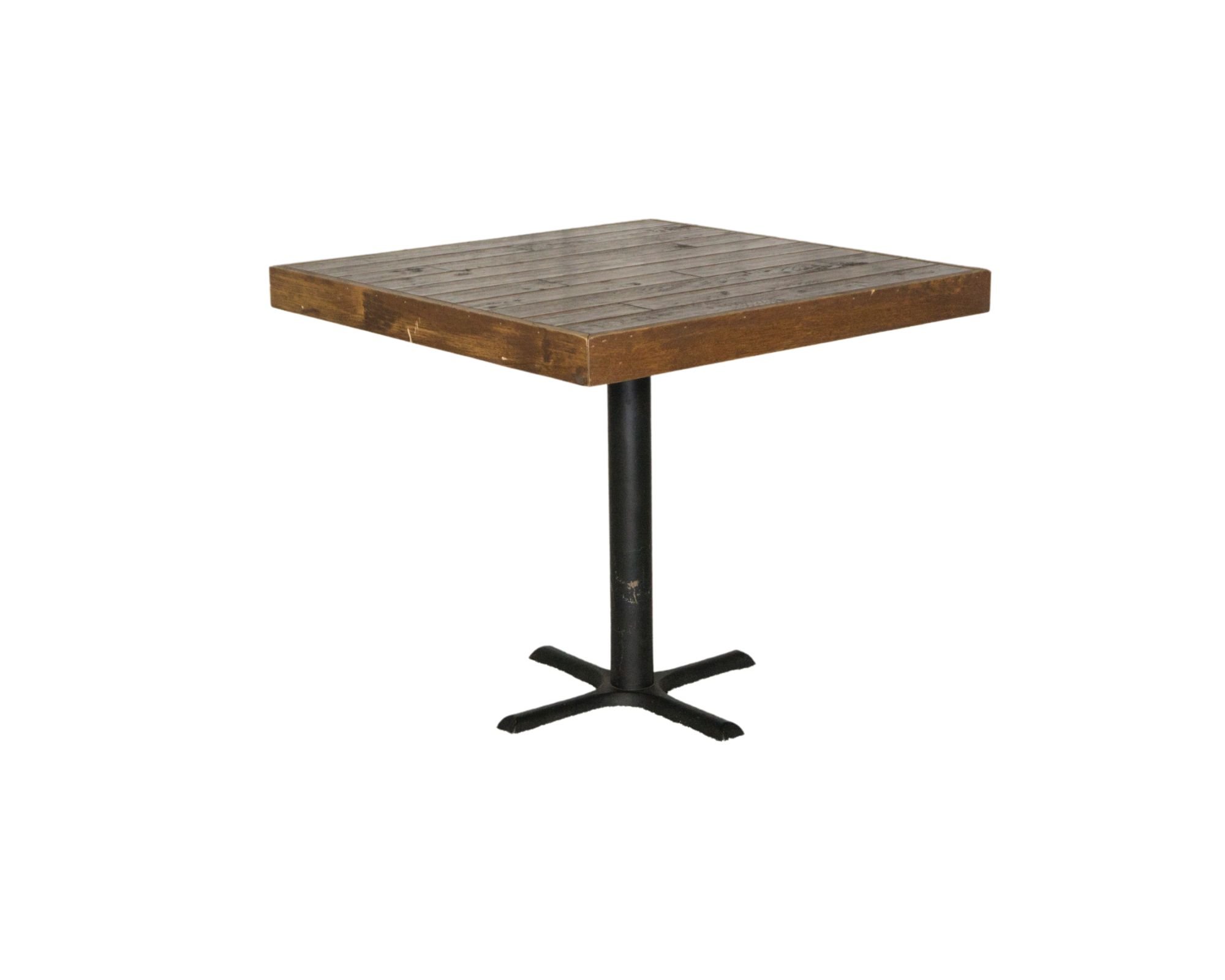 Wooden table with black metal stand against a plain white background.