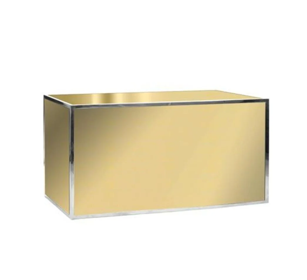 A rectangular gold and silver mirrored display case or box.