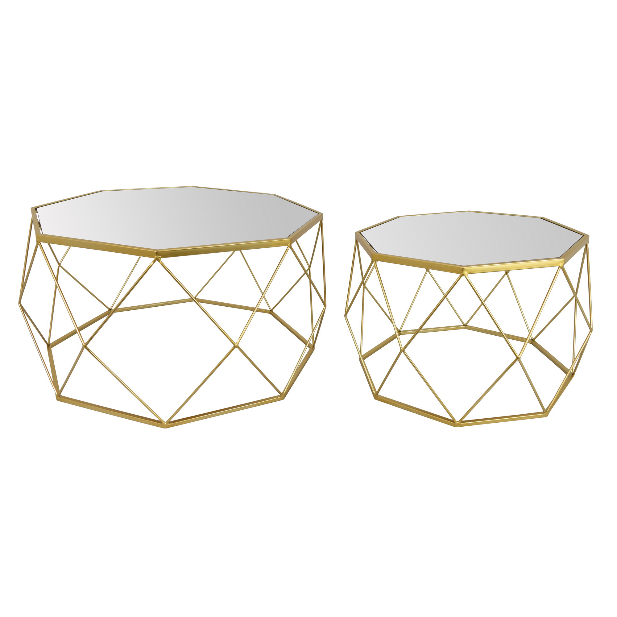 Two hexagonal coffee tables with mirrored tops and gold frames.