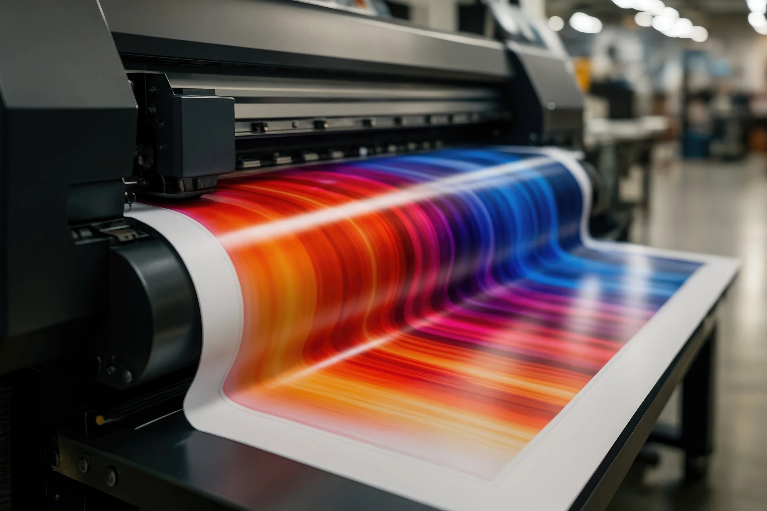 Large printer on a factory or print shop floor printing vibrant, colorful images on paper, with a blurred background of overhead lights and equipment.