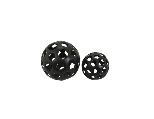 Two black spherical objects with open geometric patterns, one larger and one smaller, on a white background.