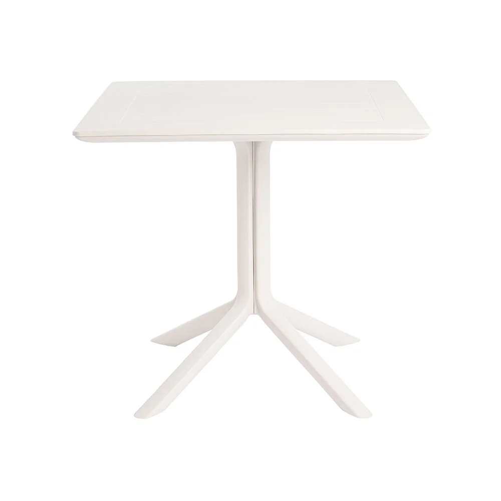 White plastic table with a wide rectangular top and angled legs.