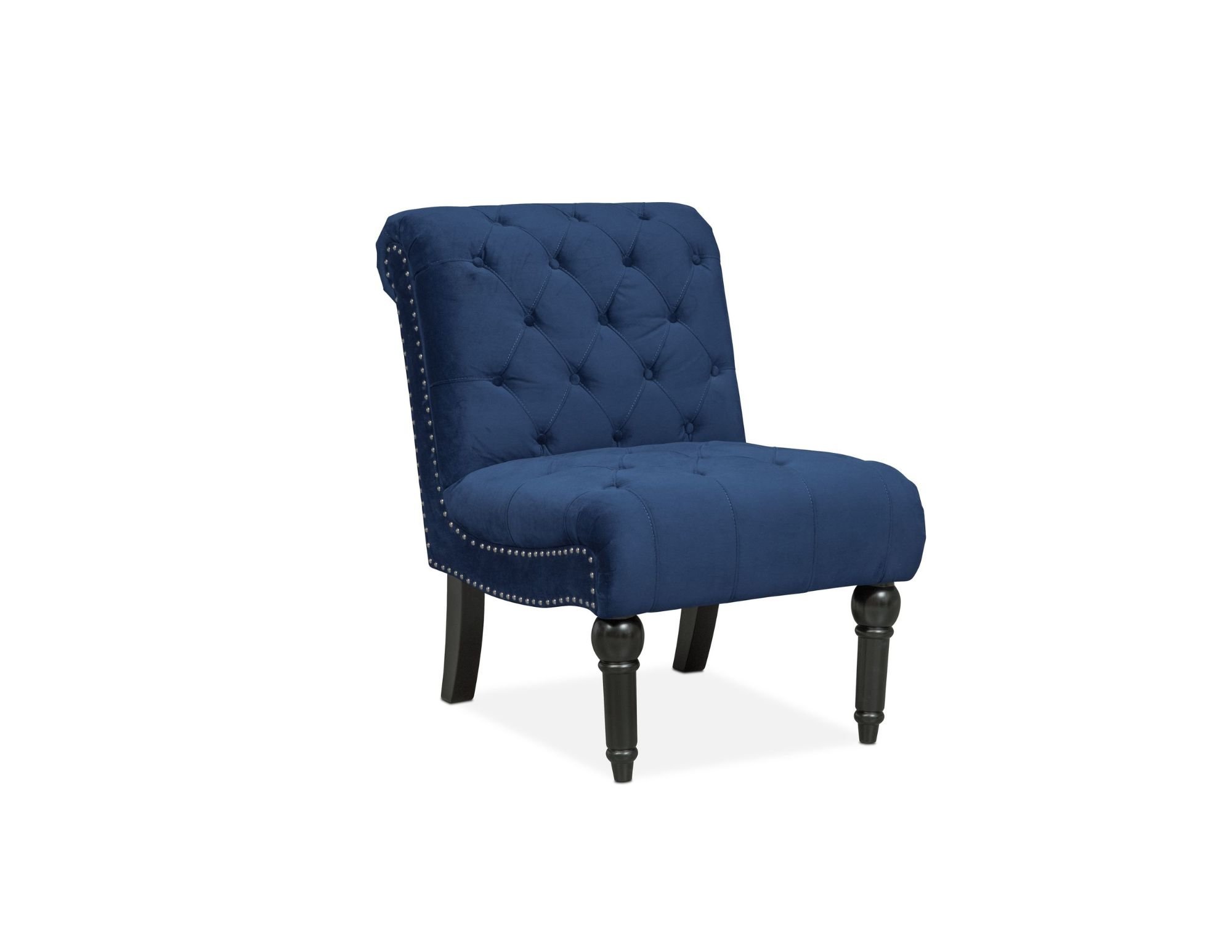 Blue upholstered chair with button tufting and nailhead trim on a white background.