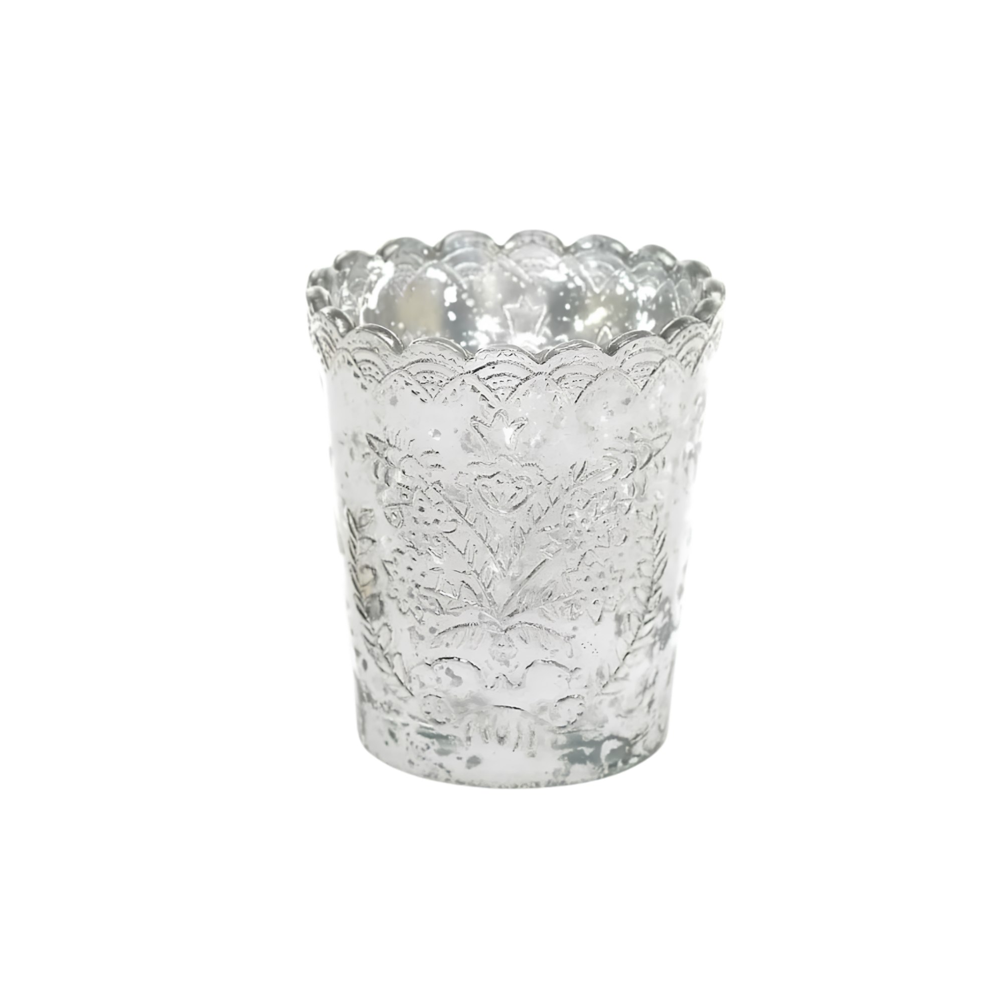 A clear, decorative glass cup with a textured, floral pattern around the outside, empty and placed against a white background.