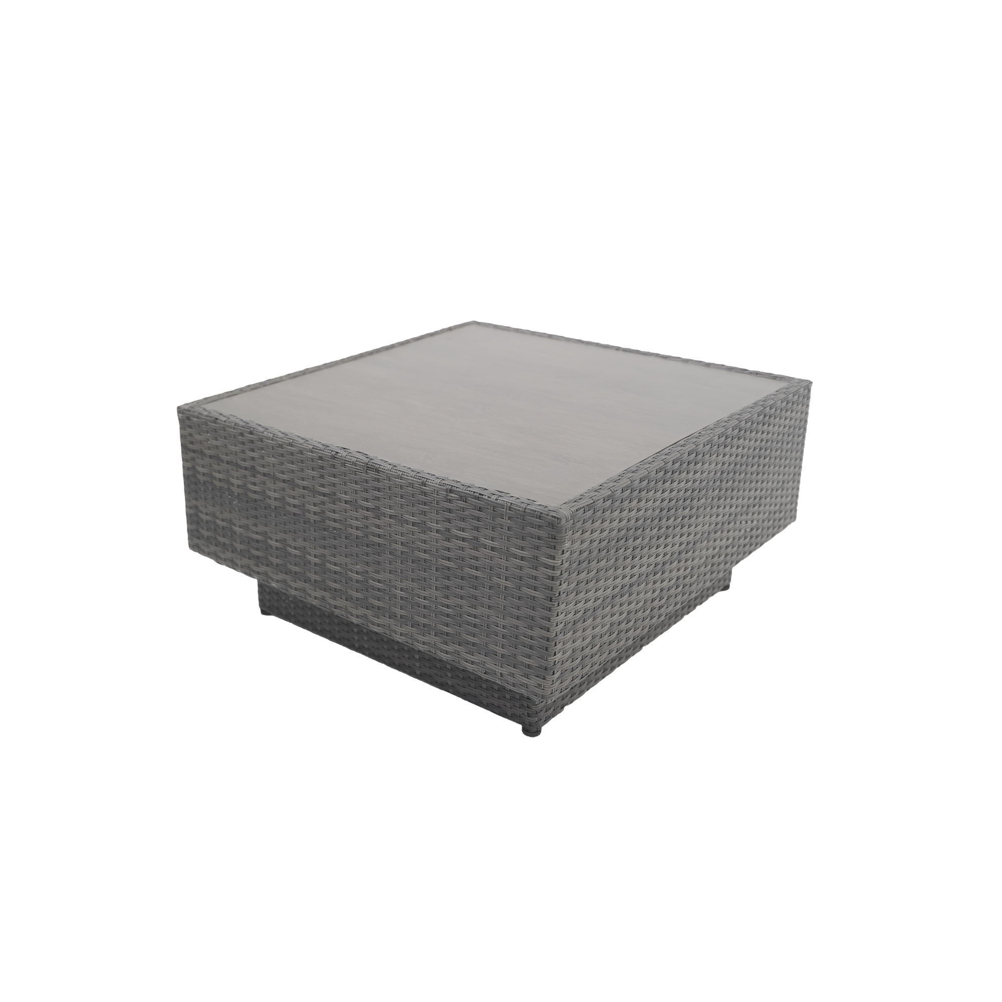 A rectangular outdoor rattan storage box with a flat top, grey in color.