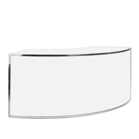 A white reception desk with a curved front and minimal design.