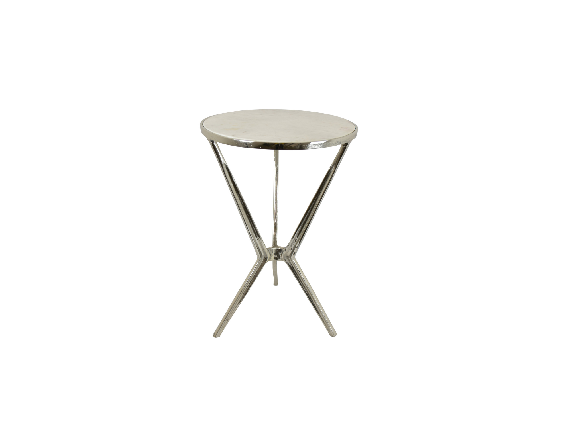A small round table with a white marble top and metal legs.