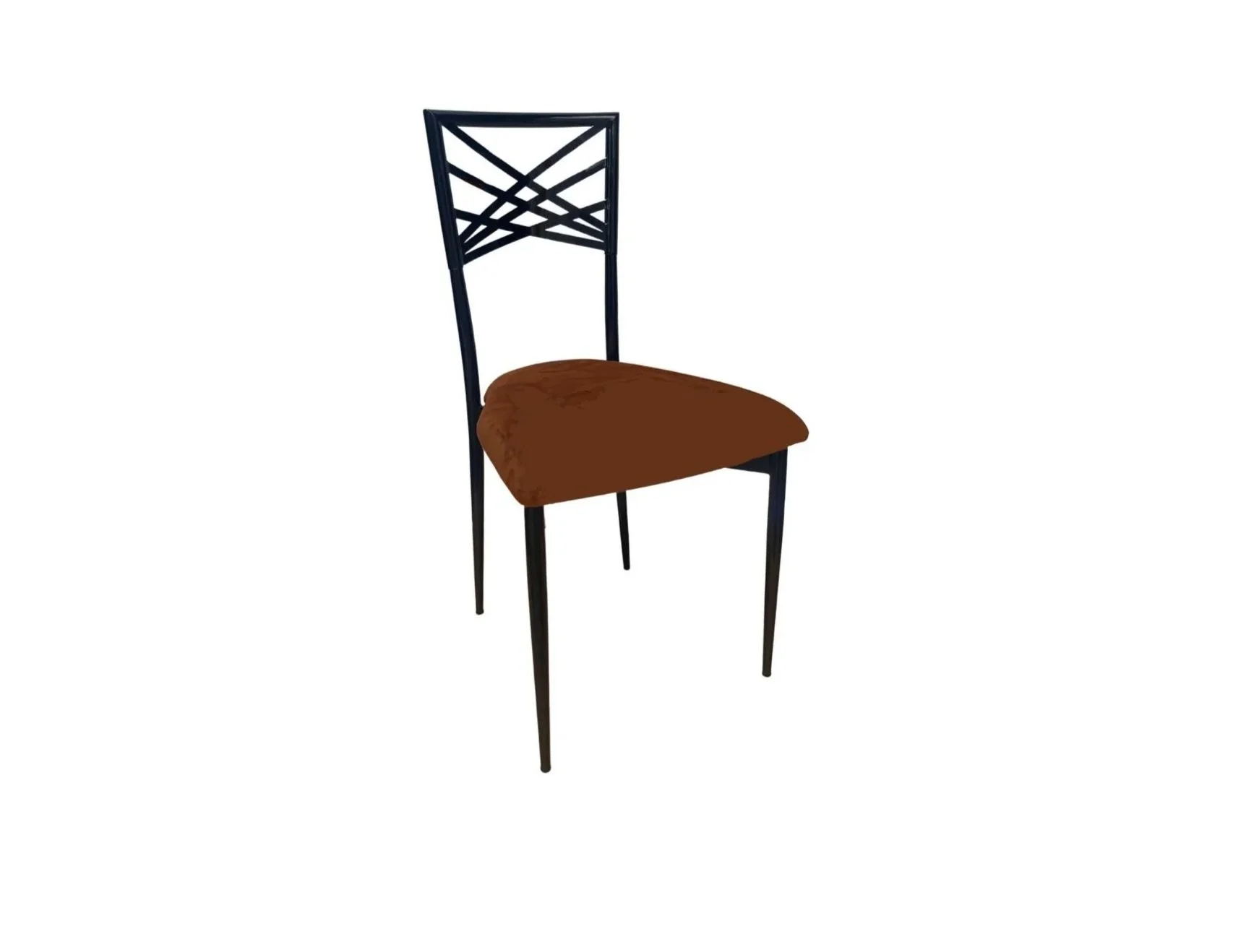 A black chair with a decorative backrest design and a brown cushioned seat, isolated on a white background.