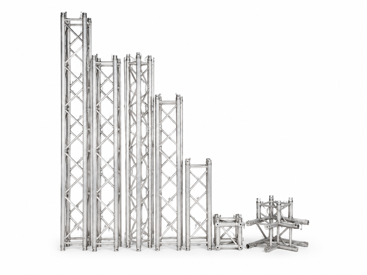 A collection of silver metal truss pipe structures of varying heights and sizes against a white background.