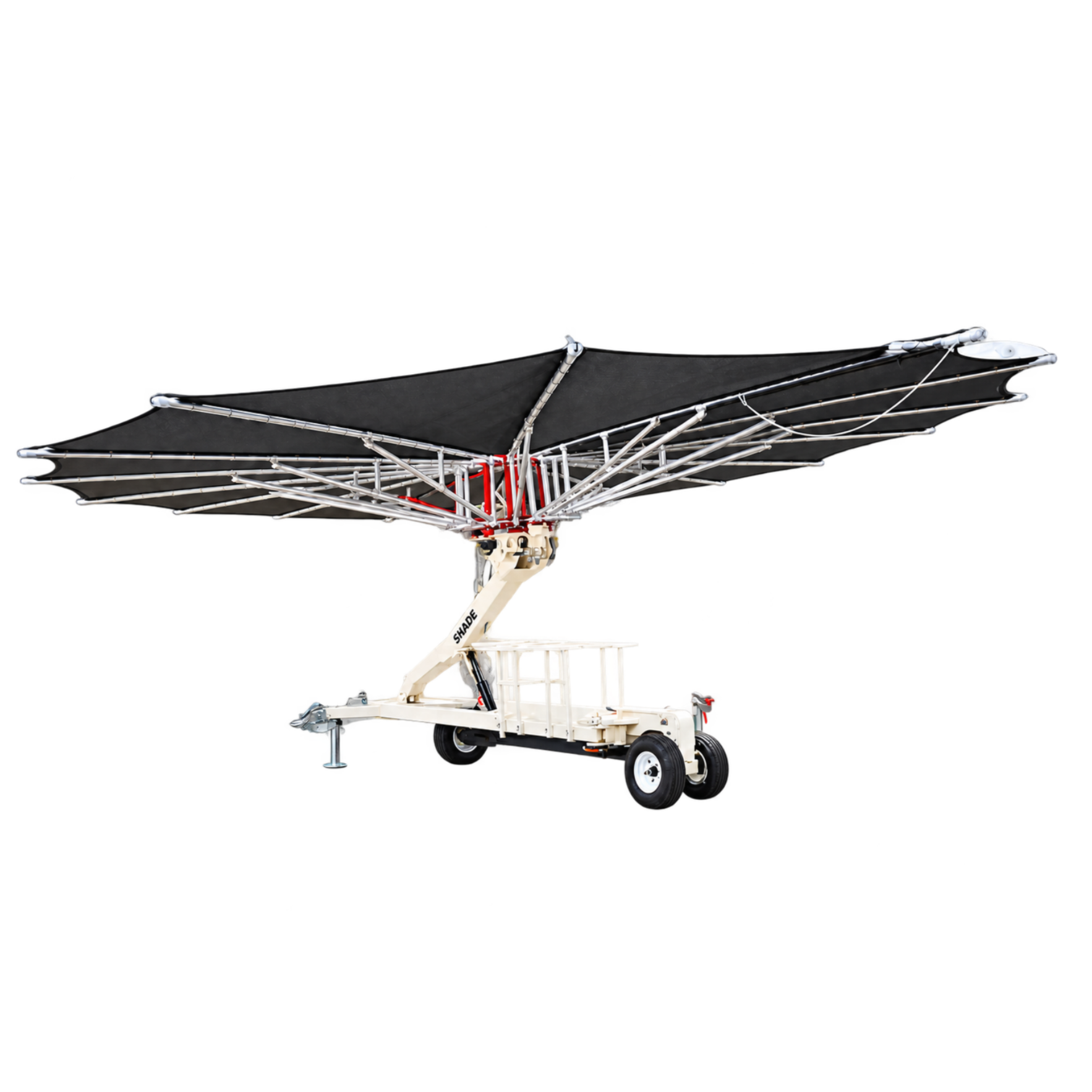 A mobile solar-powered umbrella with black canopy and a white base on wheels, designed for providing shade.