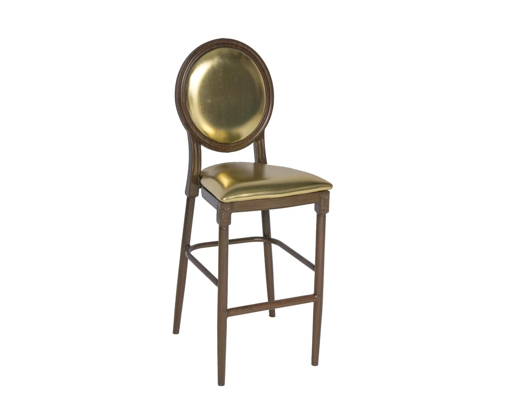 A stylish chair with a gold-colored cushioned seat and oval backrest, surrounded by a wooden frame, set against a plain white background.