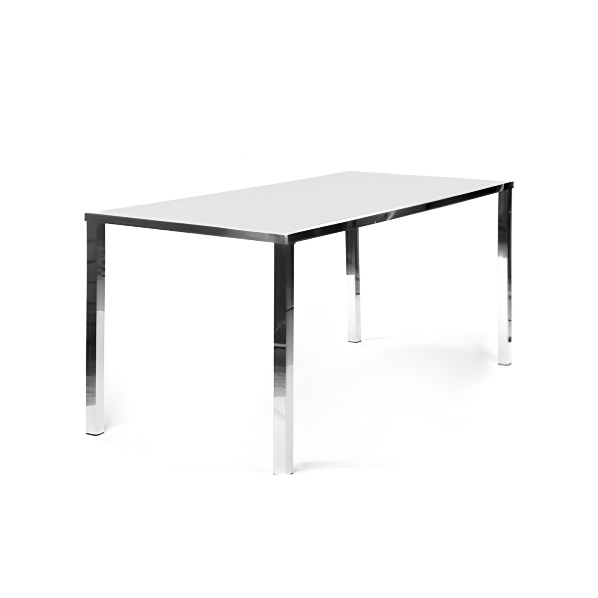 A modern table with a white top and metal legs against a plain white background.