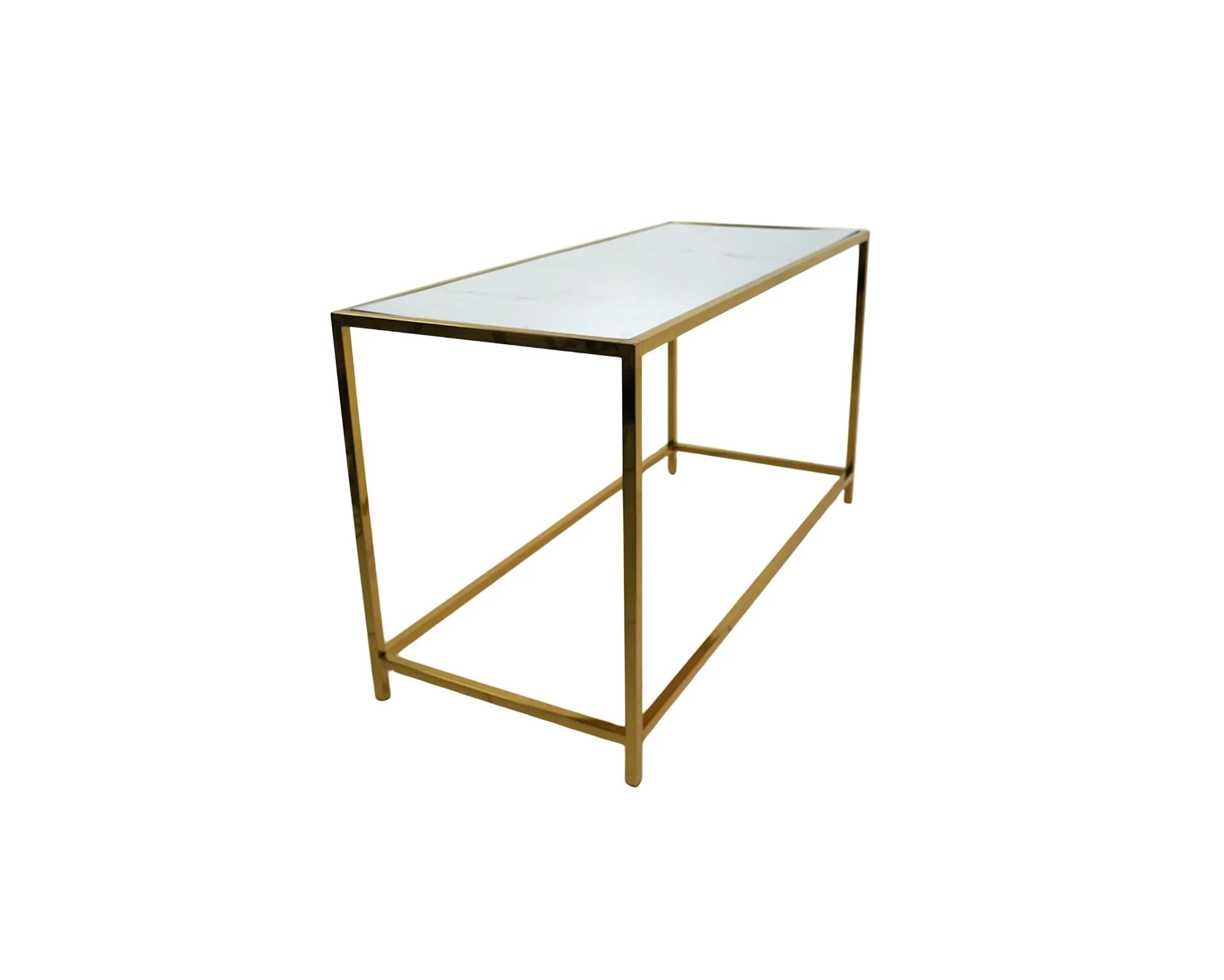 A minimalist rectangular table with a white top and gold-colored frame, set against a plain white background.