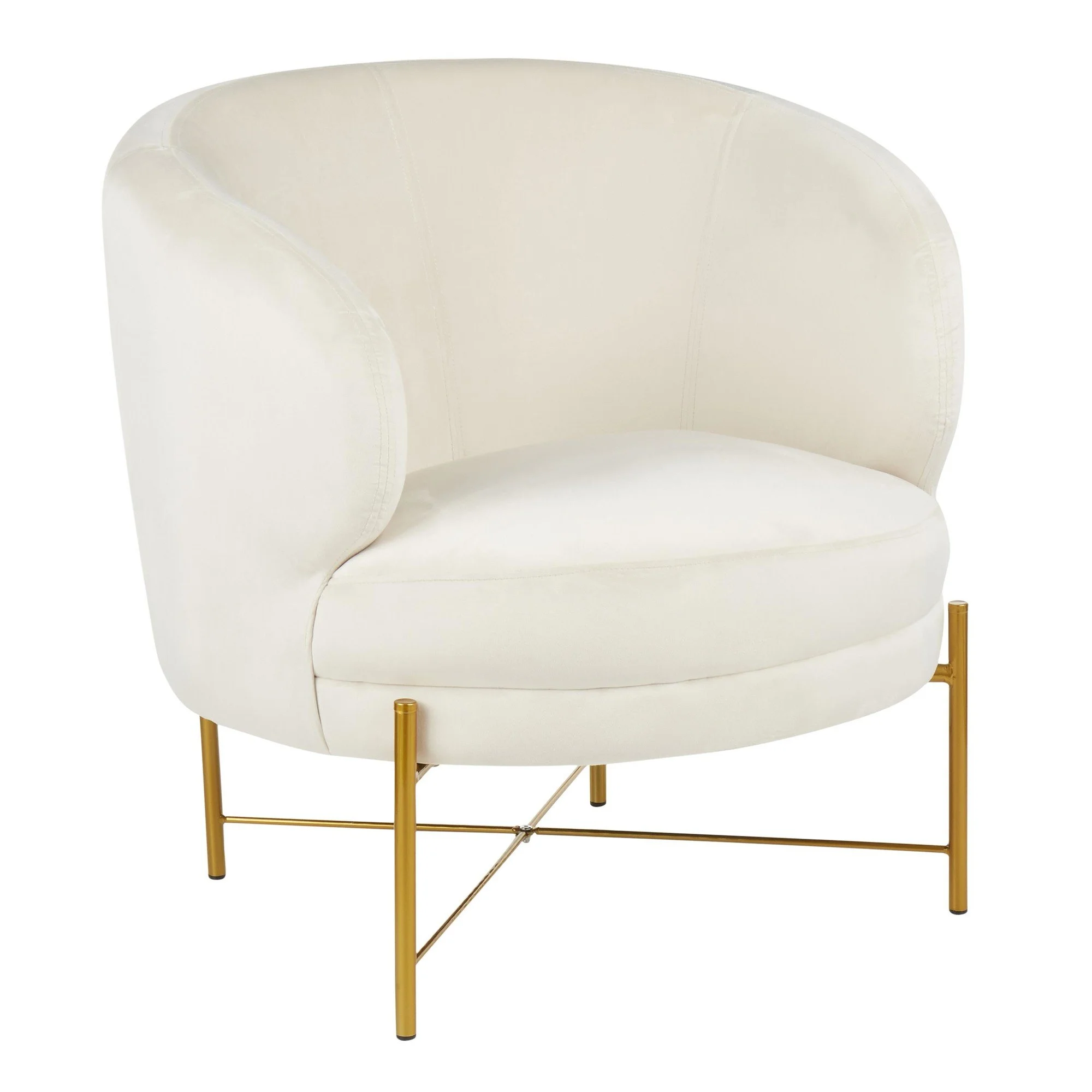 White upholstered armchair with gold legs.