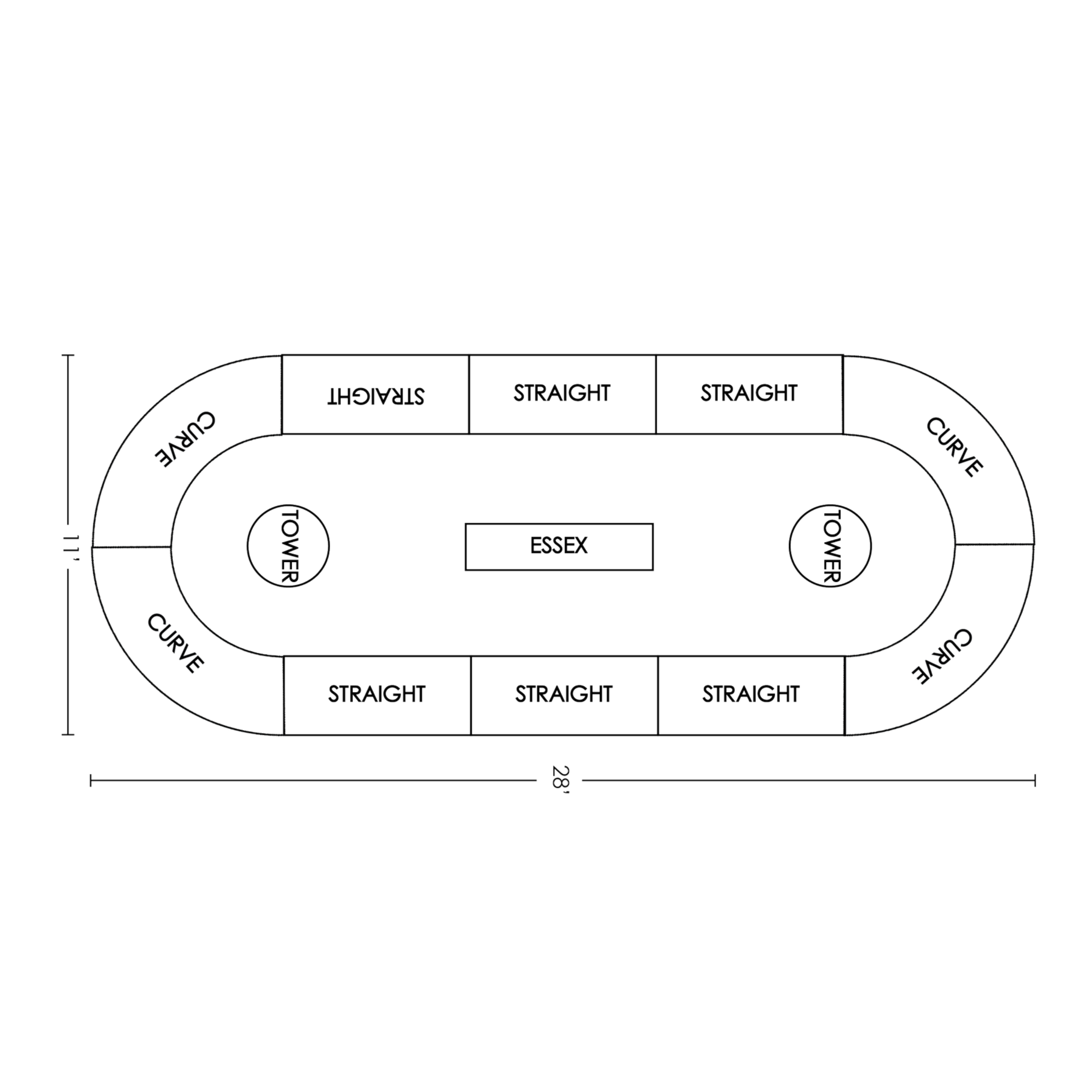 Diagram of a basketball court layout with labels for court sections such as 'curves', 'straight', 'power', and others, showing measurements and placement of different court zones.