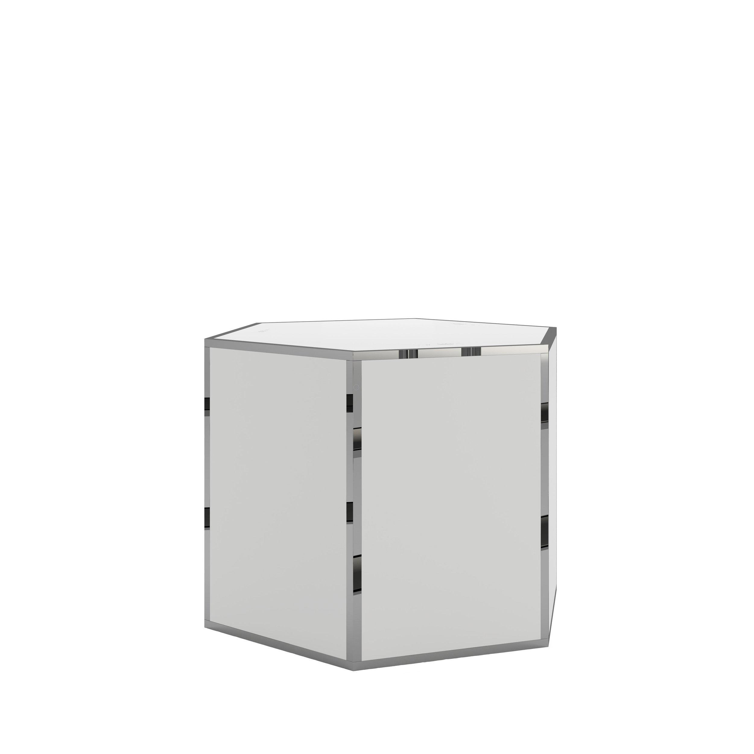 A sleek, modern gray display counter with a glass top, featuring clean lines and a minimalist design.