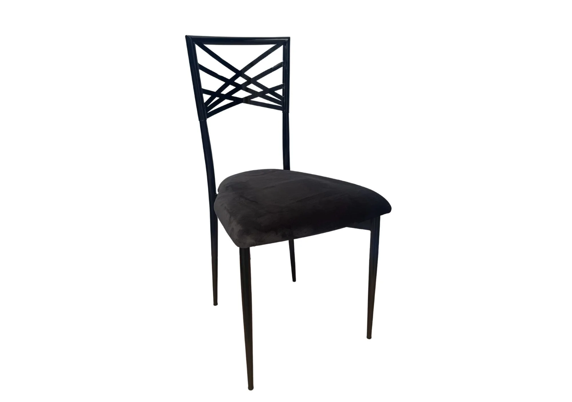 A black chair with a decorative backrest and a padded seat.