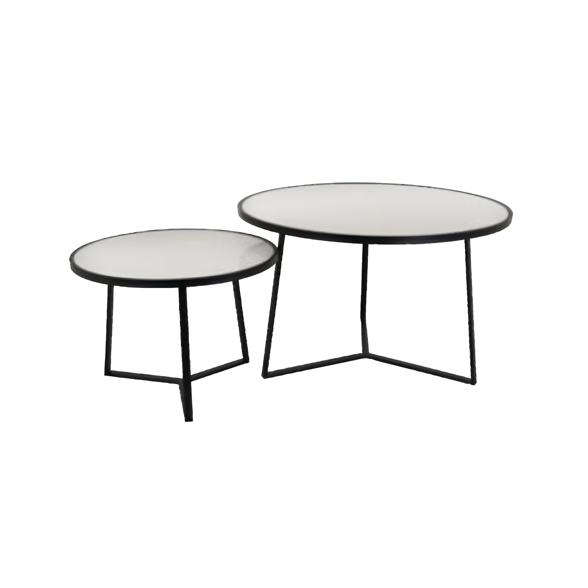 Three overlapping round side tables with black metal frames and white tops against a plain backdrop.