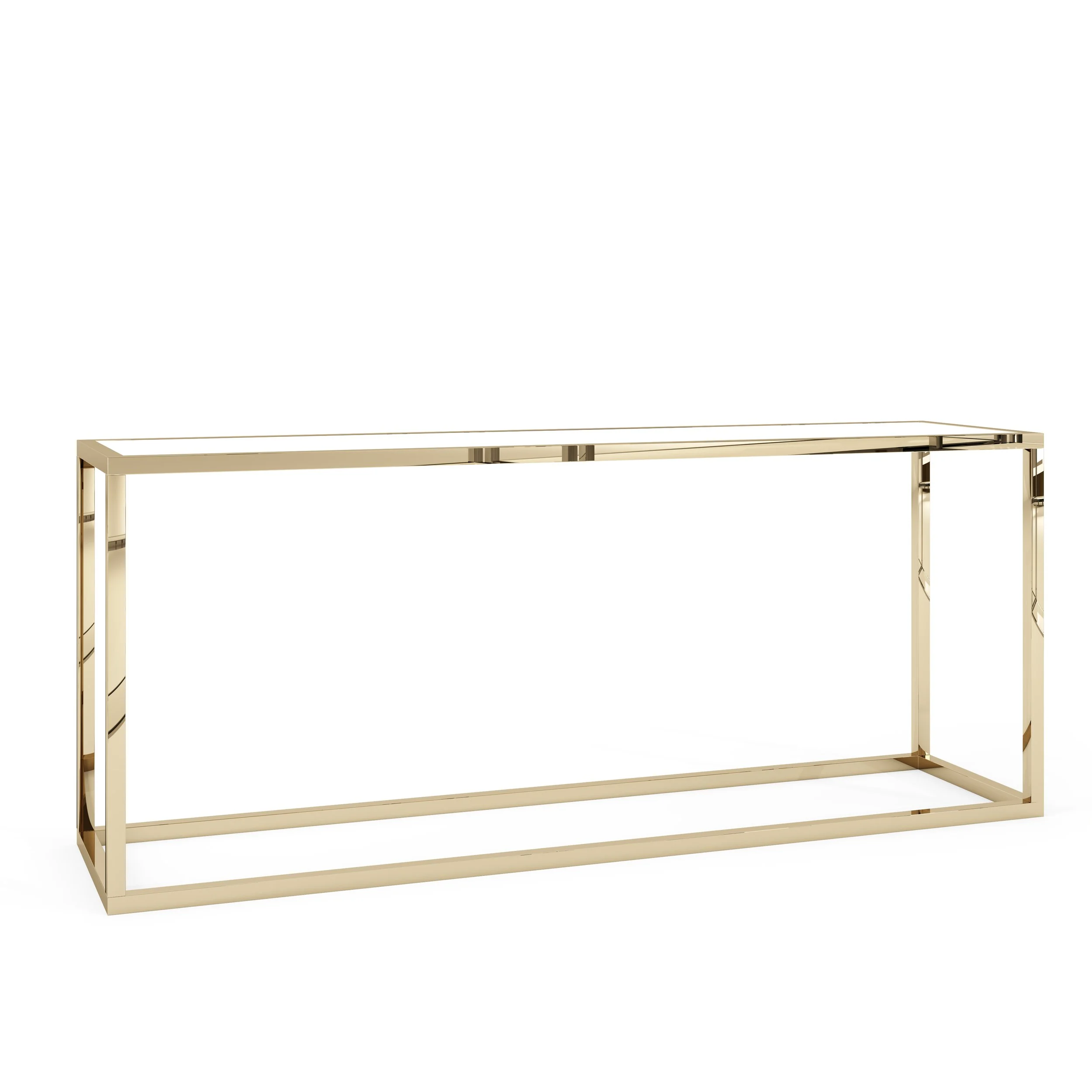 A luxurious gold-colored table with a minimalist design, featuring a rectangular glass top and gold metal frame, set against a plain white background.