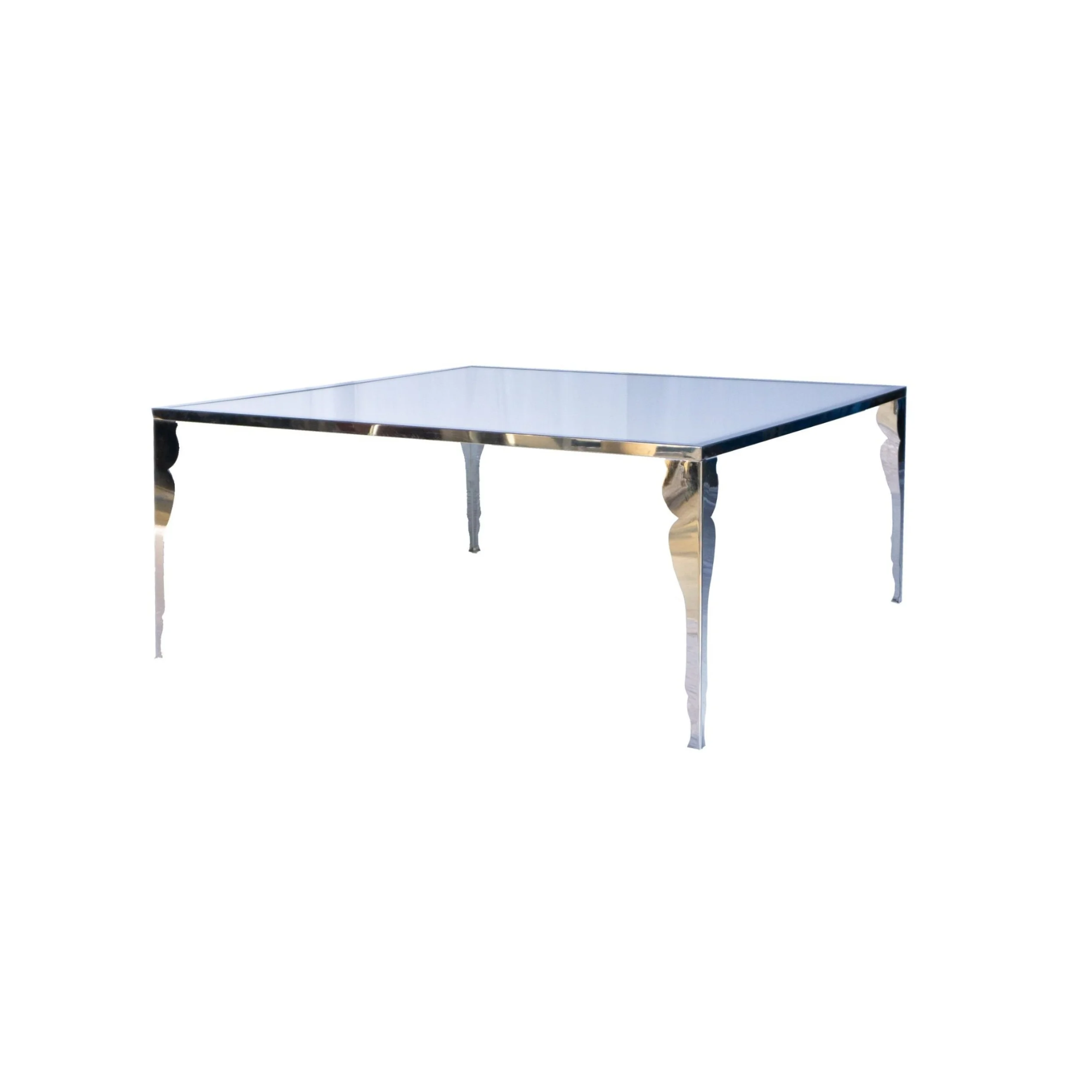 A reflective glass-top table with metal legs.