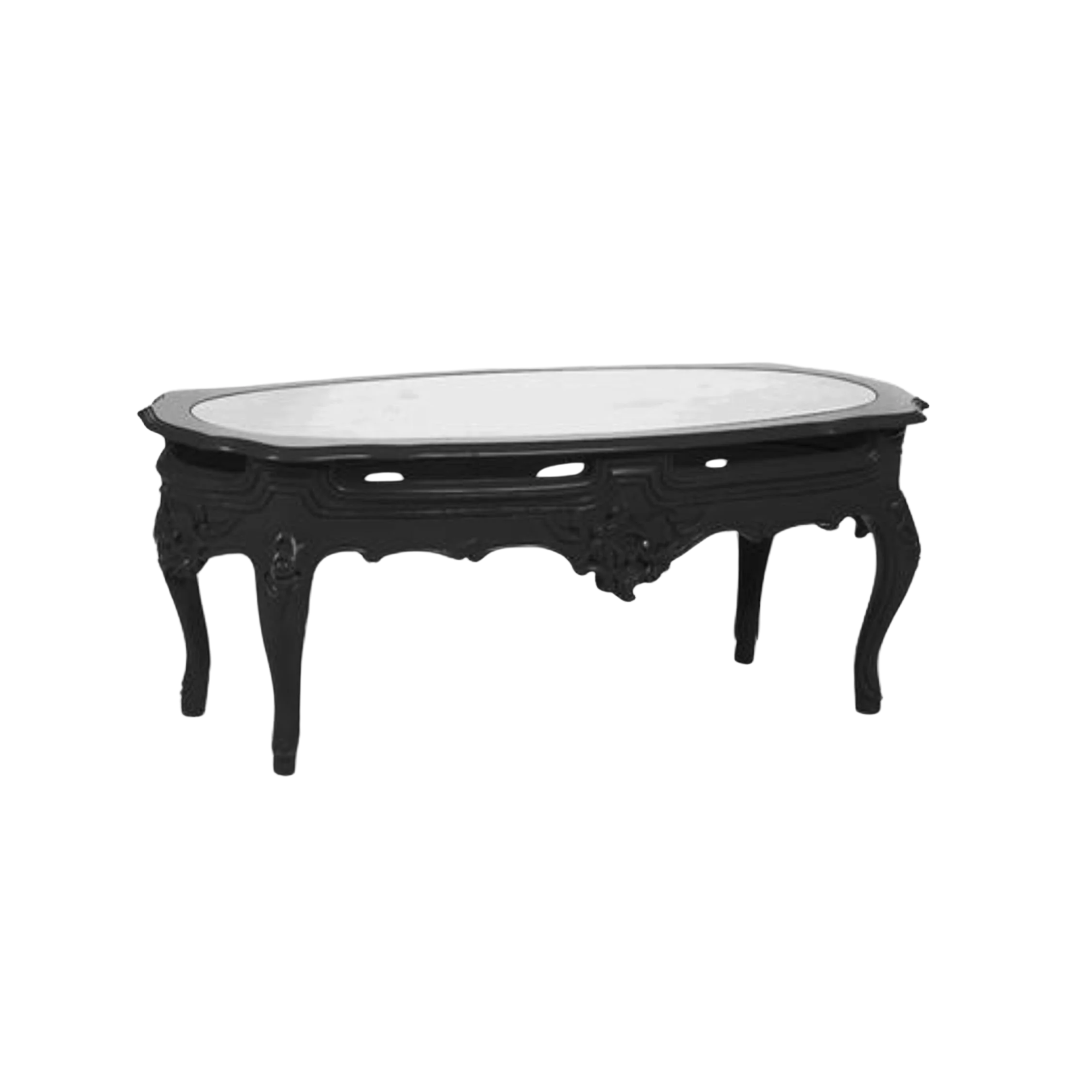 A vintage black wooden table with a light-colored surface, featuring carved legs and ornate details, set against a plain white background.