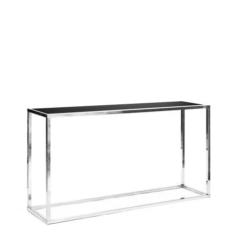 A modern console table with a black top and metal frame.