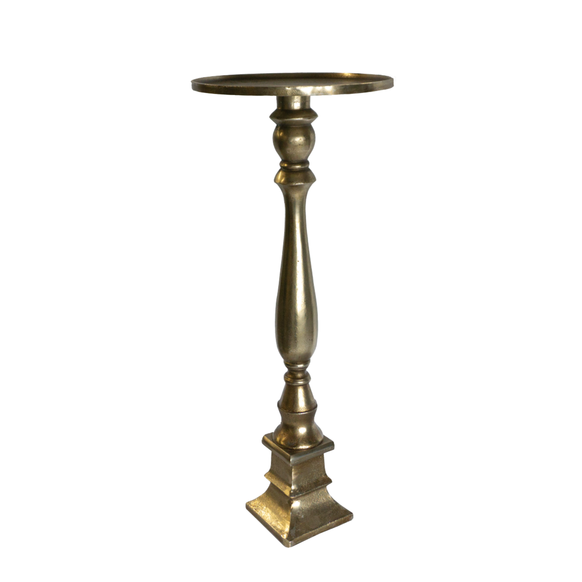 A tall, ornate, gold-colored pedestal table with a round top and a decorative, turned column base, positioned against a black background.