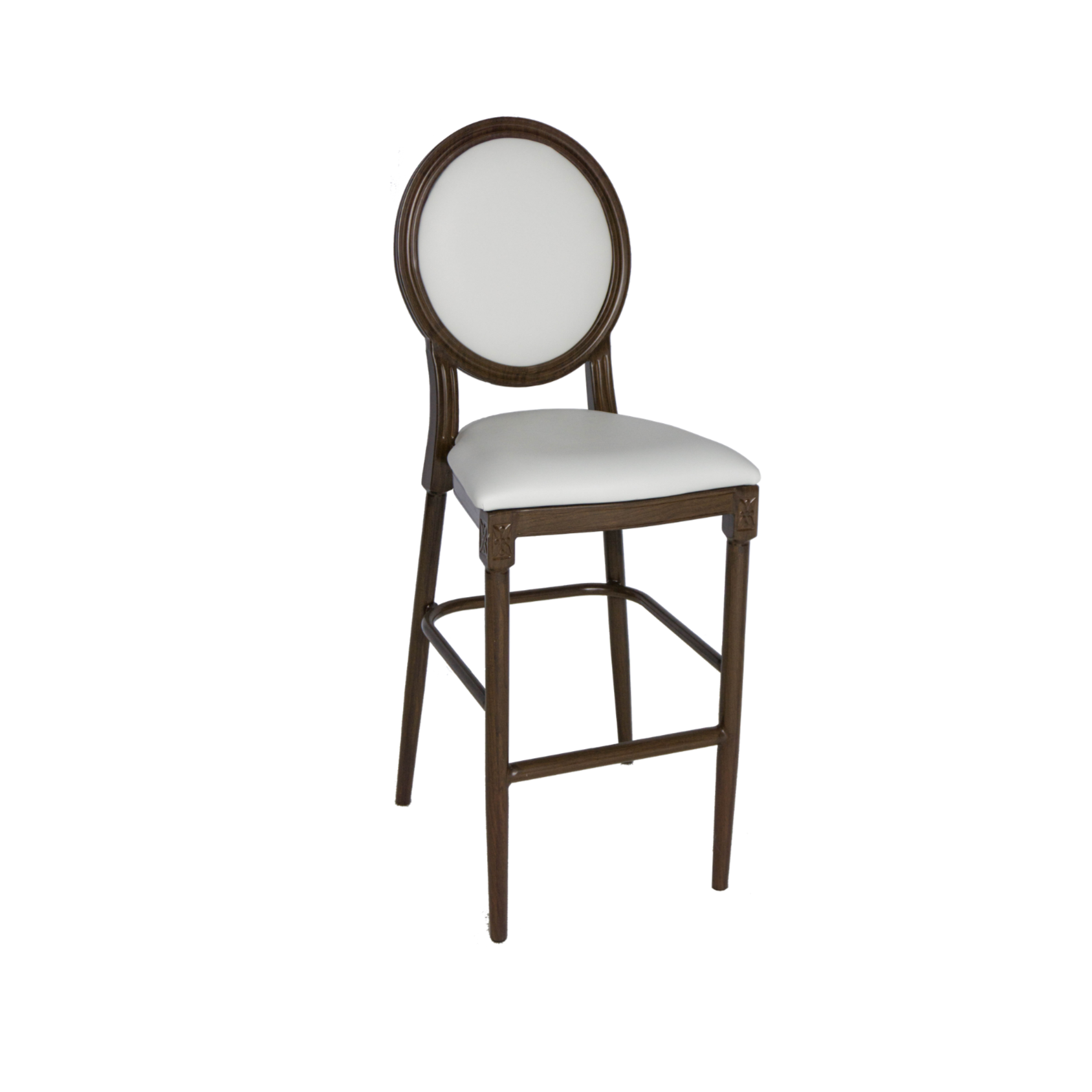 A wooden high-back chair with white upholstery on the seat and backrest, isolated on a white background.