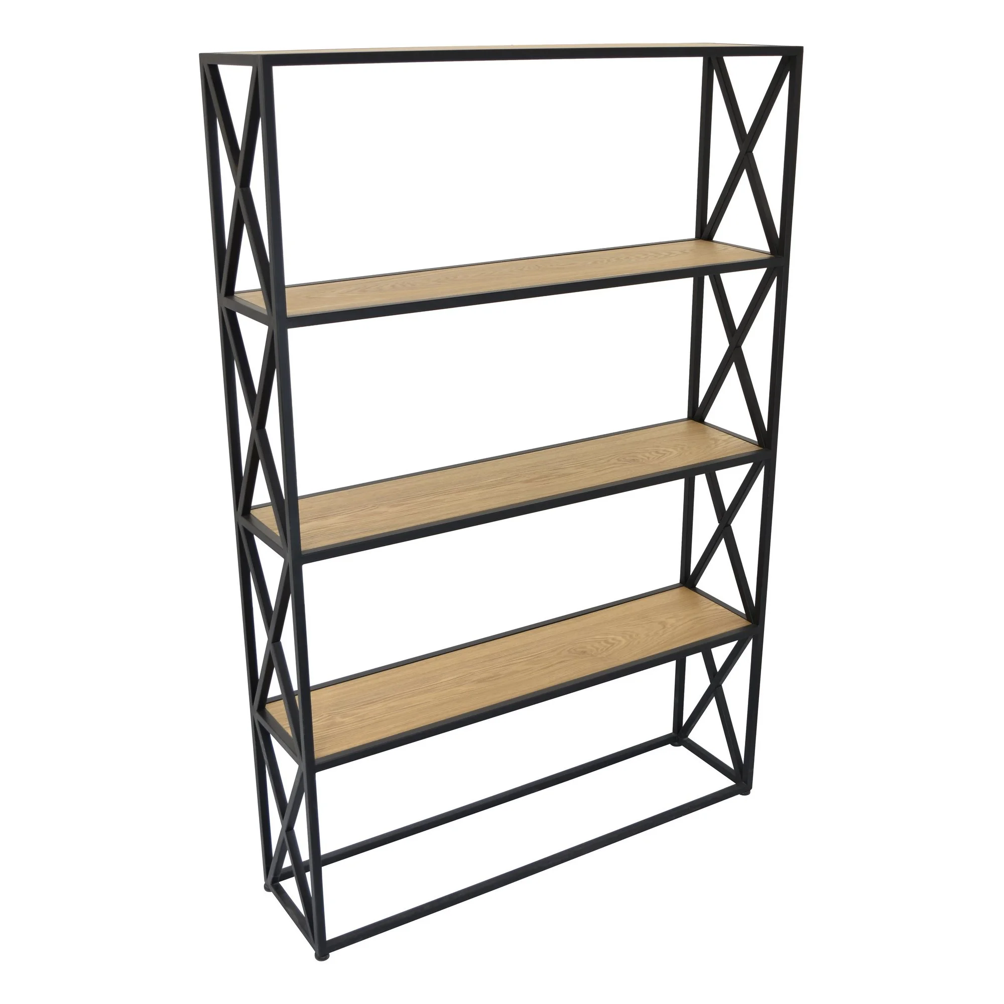 A black metal and wood display shelf with three shelves isolated on a white background.