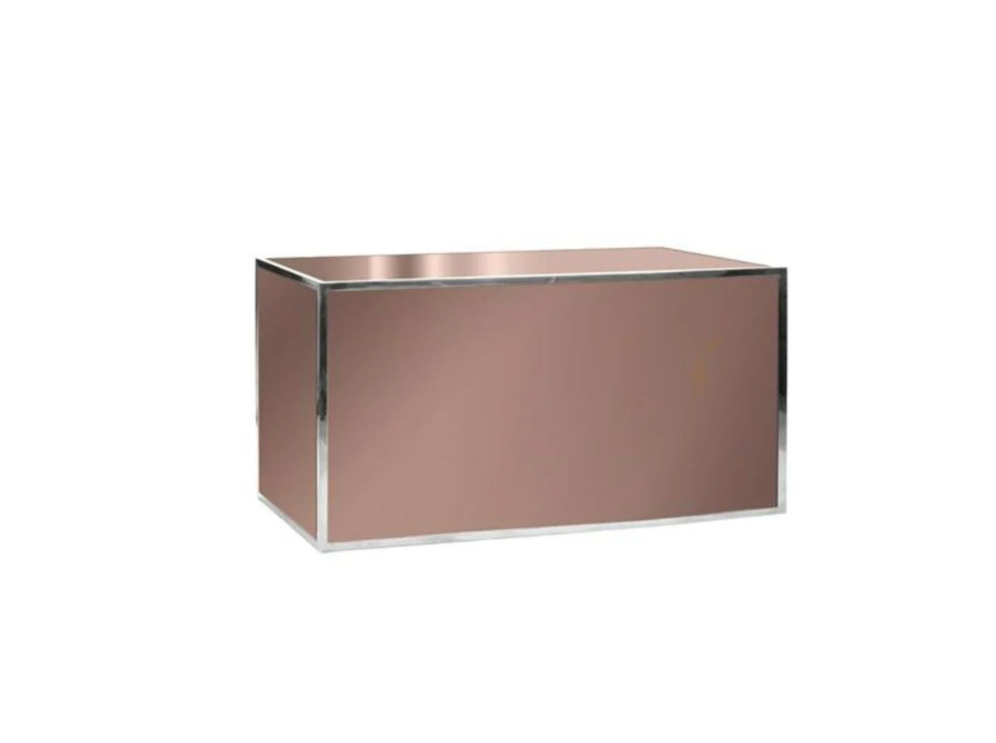 A rectangular metallic speaker or cabinet with a shiny metallic frame and a pinkish or rose gold finish.
