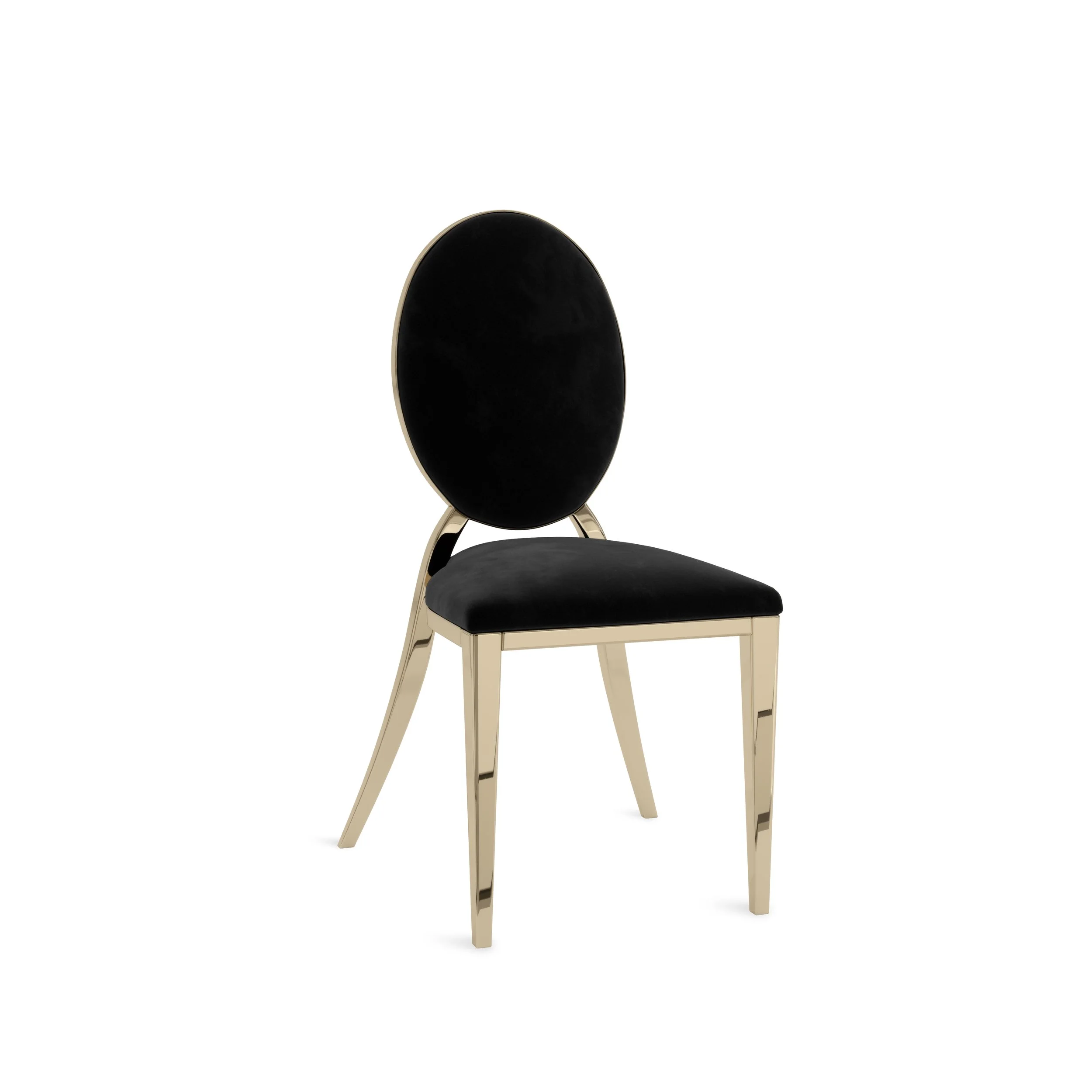 A black chair with a rounded backrest and a padded seat, supported by light-colored wooden legs, set against a plain white background.