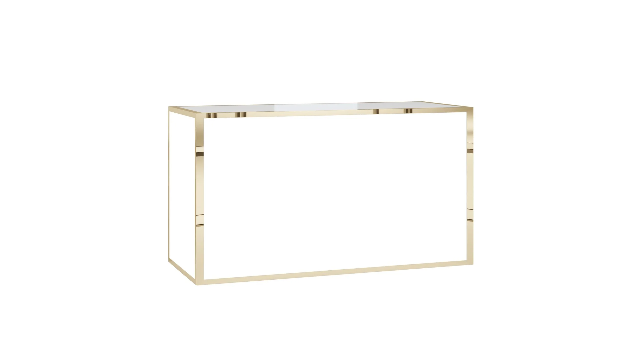 A modern console table with a gold metal frame and a white top.