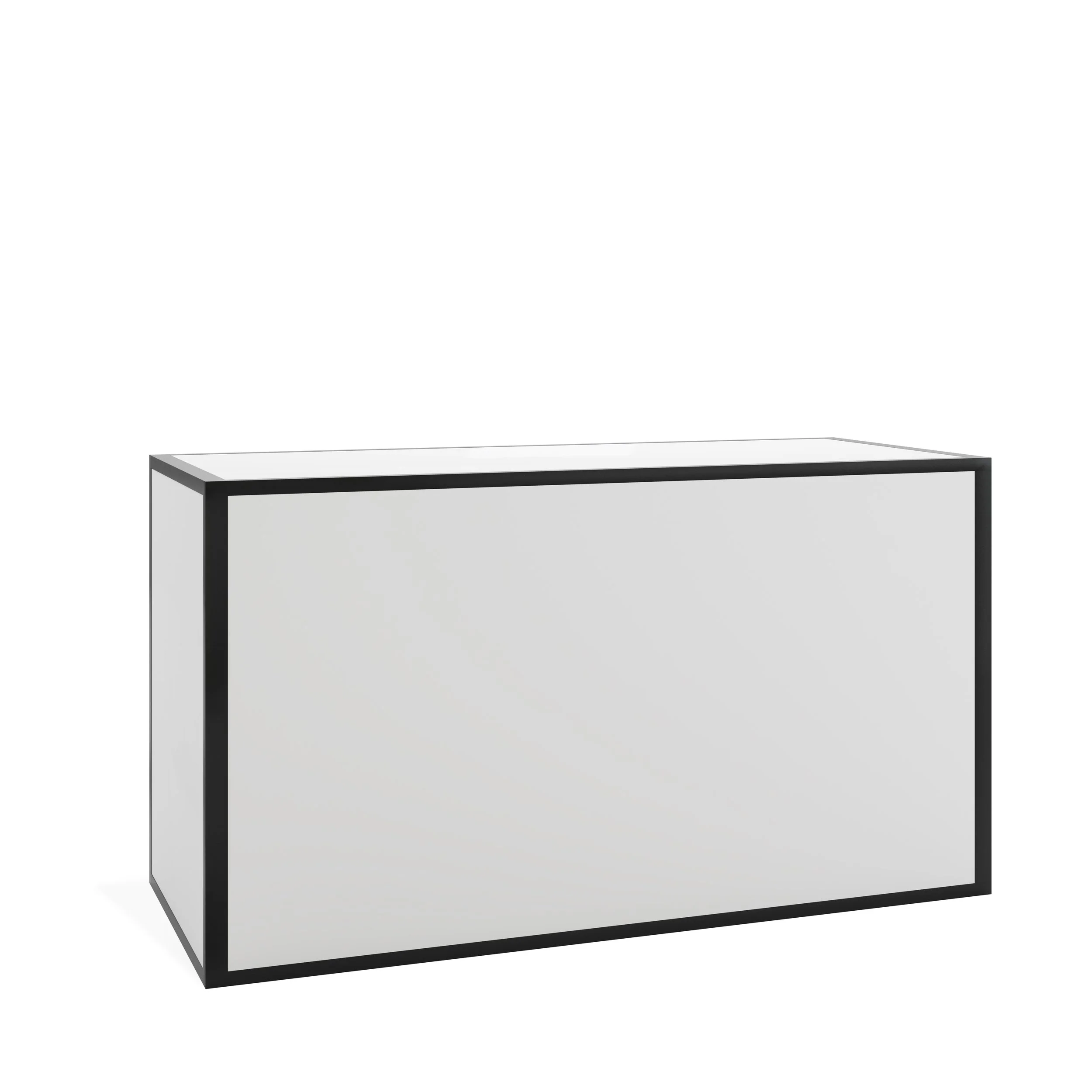 A white modern cabinet with black edges and four drawers, placed against a white background.