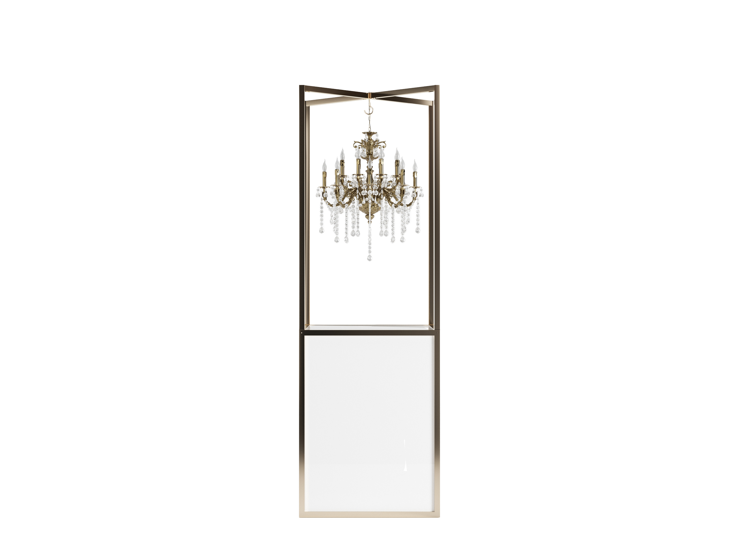 A gold and crystal chandelier inside a tall, narrow display case with a mirrored back, viewed through a glass door.