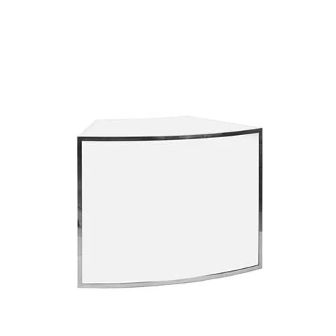 A white curved trading or display counter with a metallic trim.