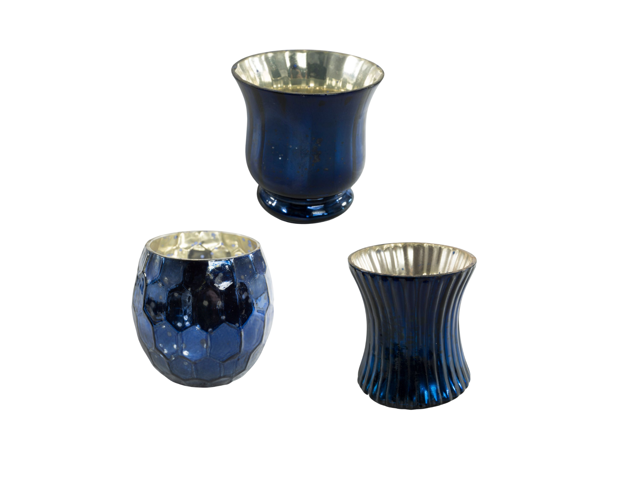 Four decorative vases, mainly in blue, with various patterns and metallic interior finishes, isolated on a white background.