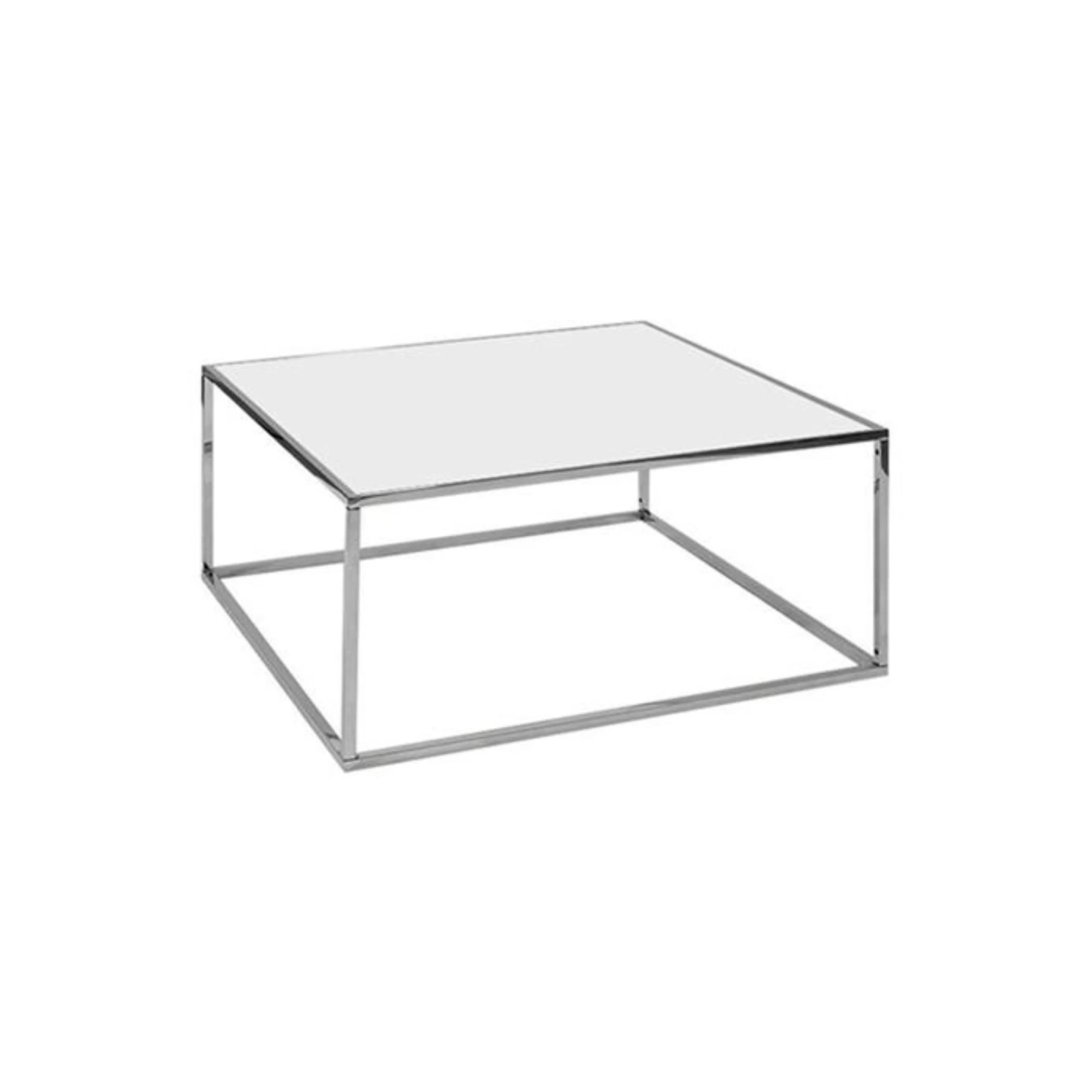 A minimalist desk with a white tabletop and metal frame set against a white background.