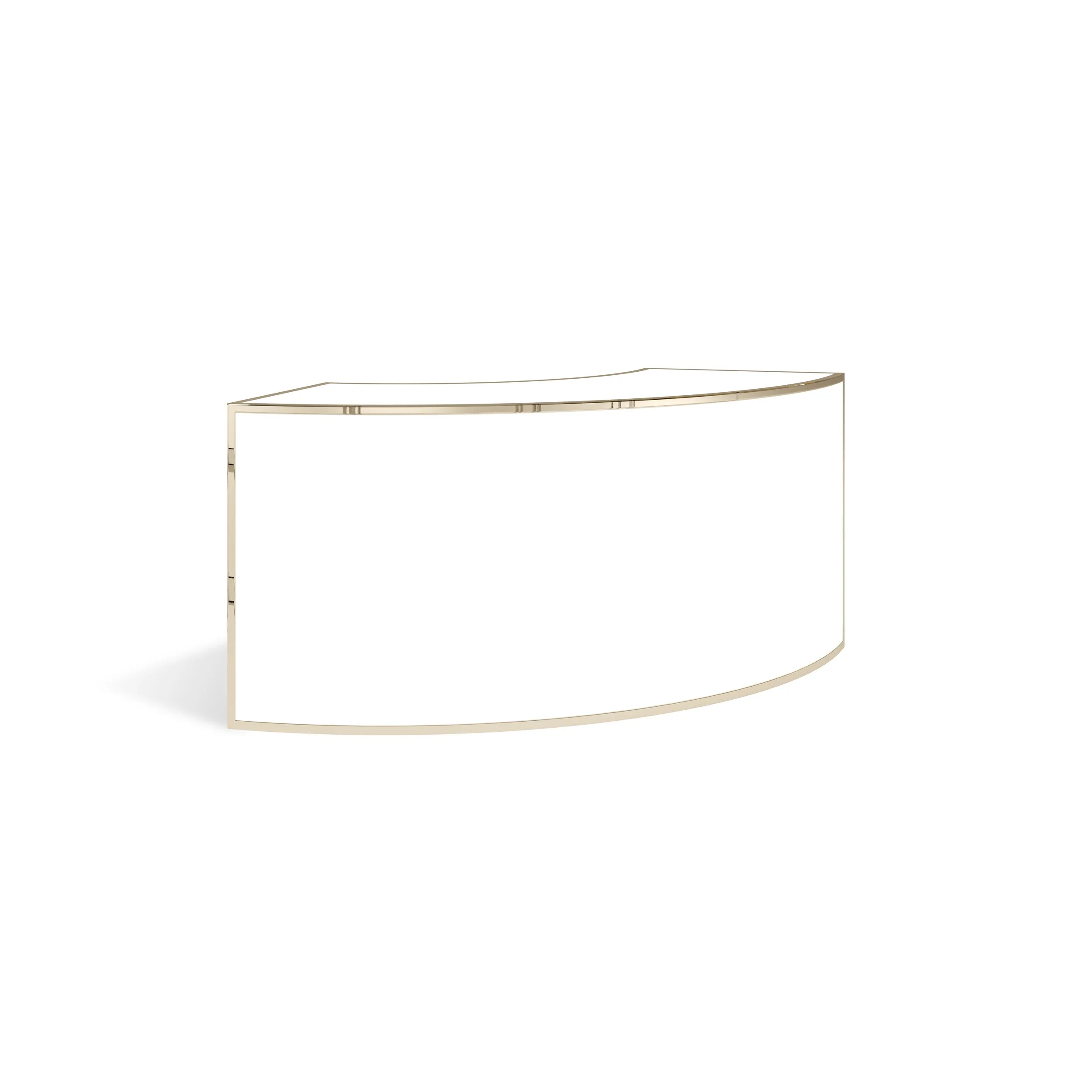 A minimalist, modern metal desk with a curved design and a light finish.
