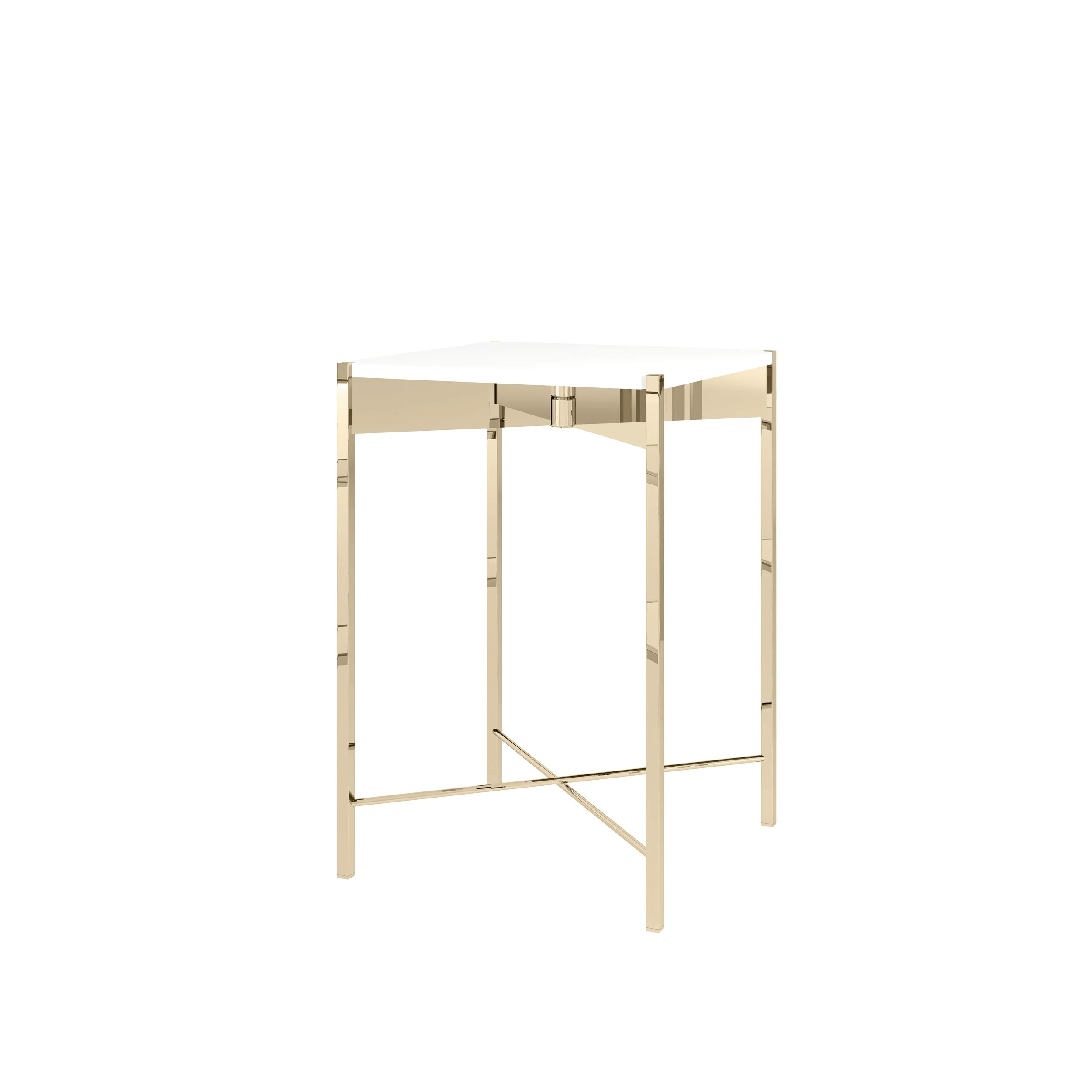 A white and gold modern nightstand with three drawers and a geometric design.