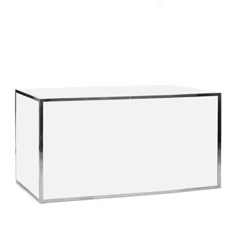 A modern, minimalist white console table with a sleek metal frame.