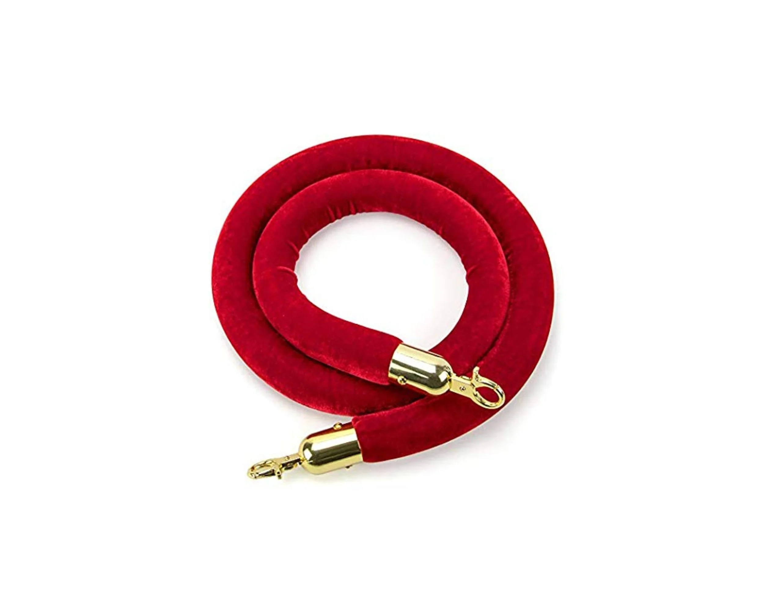 A red velvet belt with gold hardware is coiled into a circle on a white background.