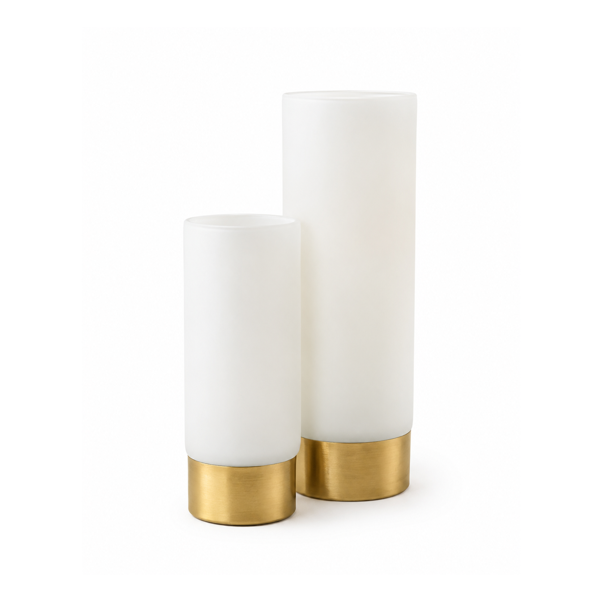 Two white cylindrical vases with gold bases, varying in height, placed against a white background.