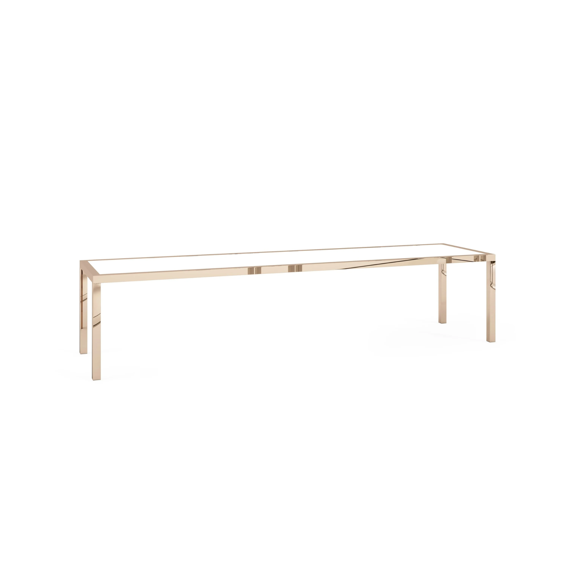 A minimalist, modern metal table with a sleek, thin, rectangular shape and open frame design, set against a plain white background.