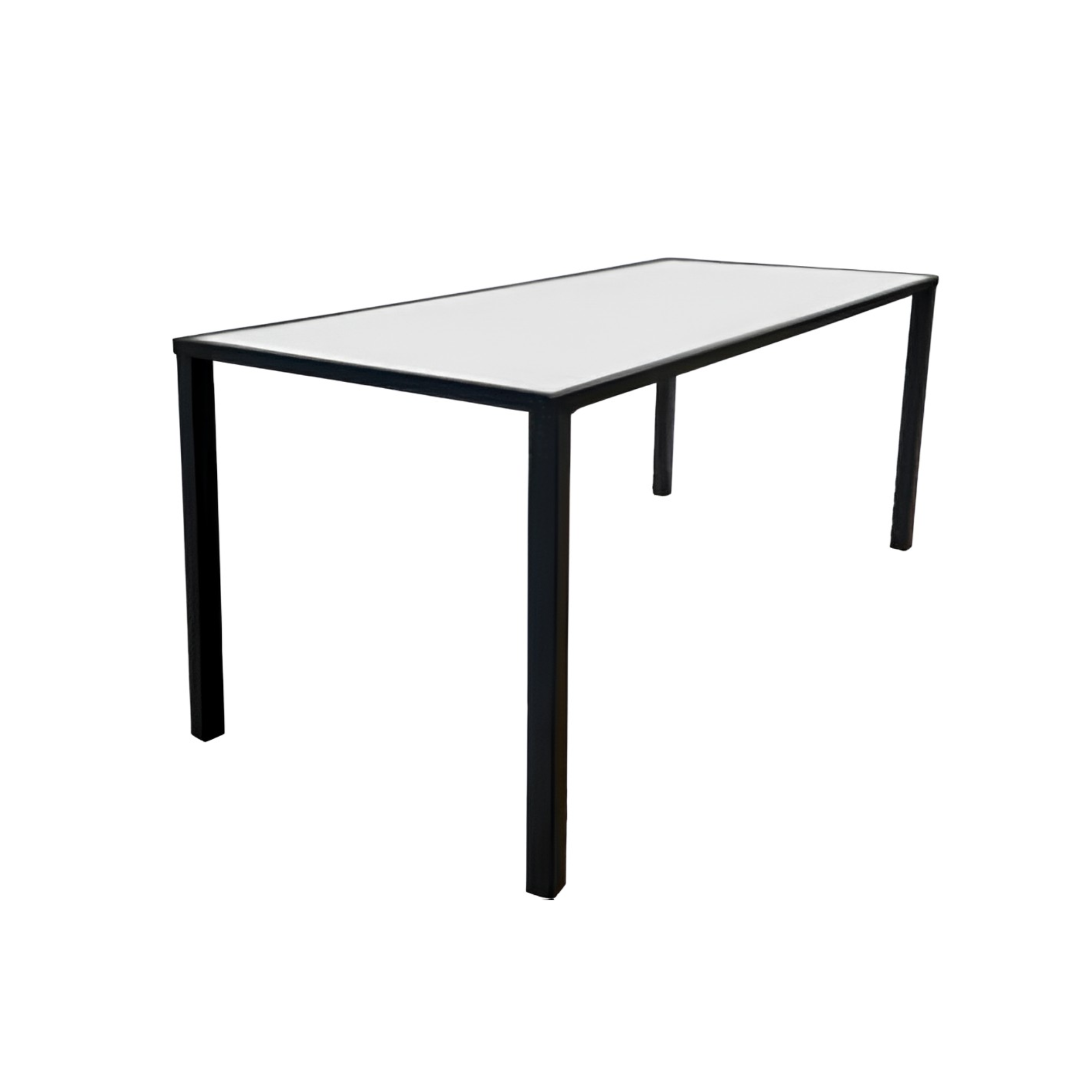 A modern table with a white tabletop and black metal frame.