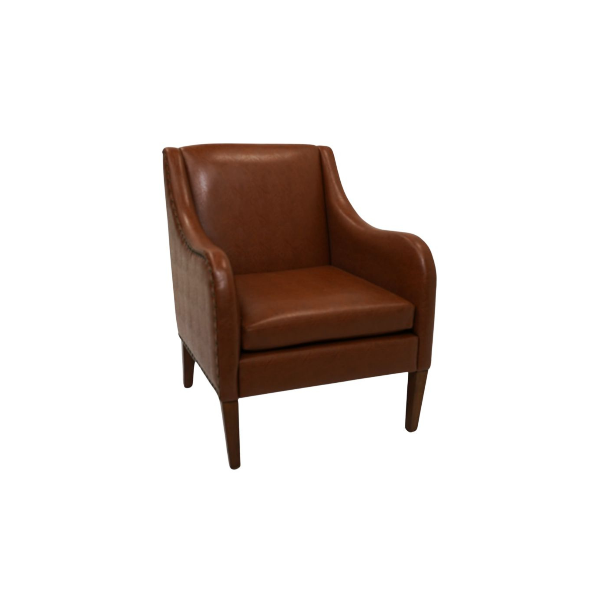 A brown leather armchair with wooden legs against a white background.