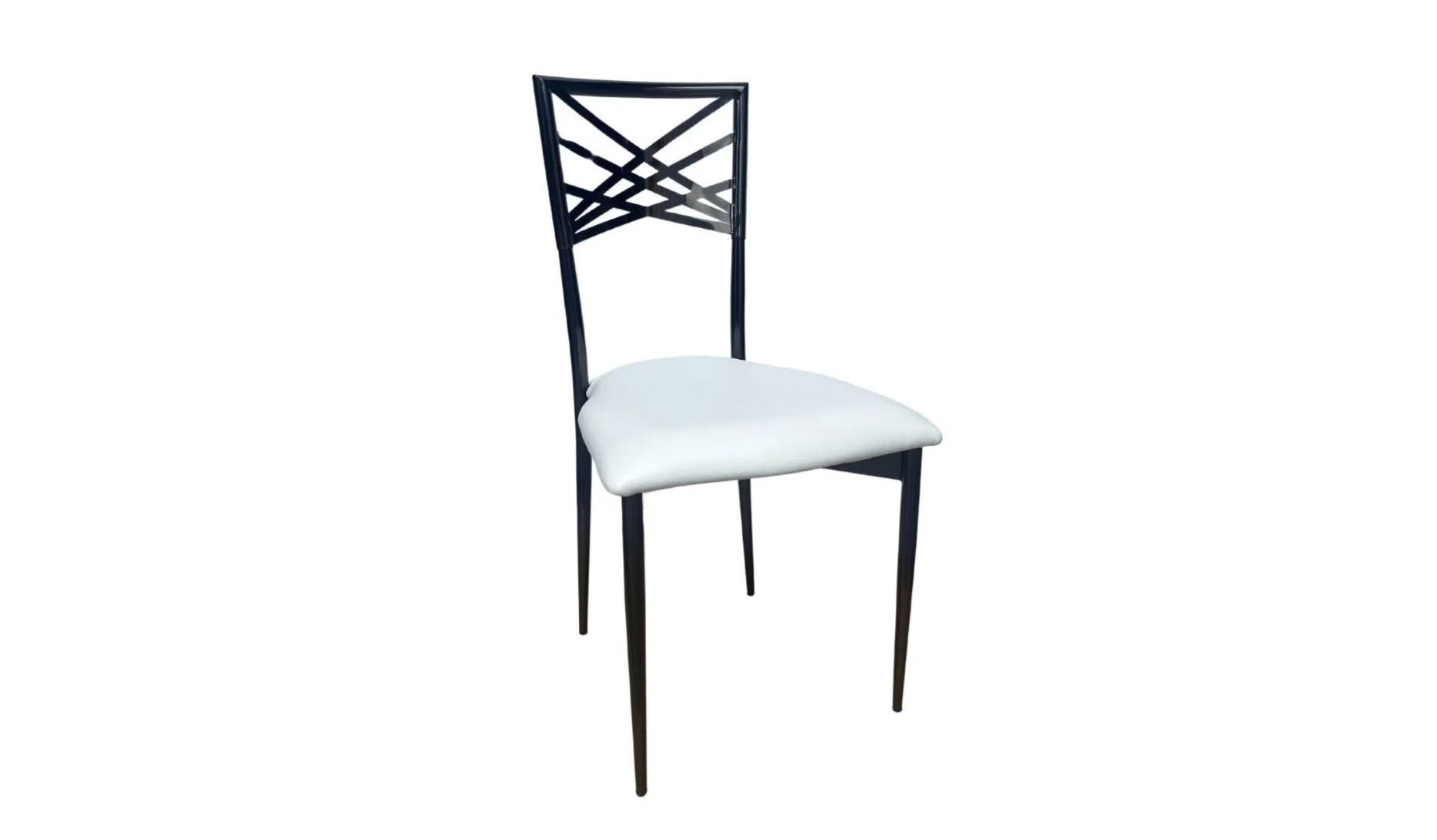 A black metal chair with an intricate lattice backrest and a white cushioned seat.