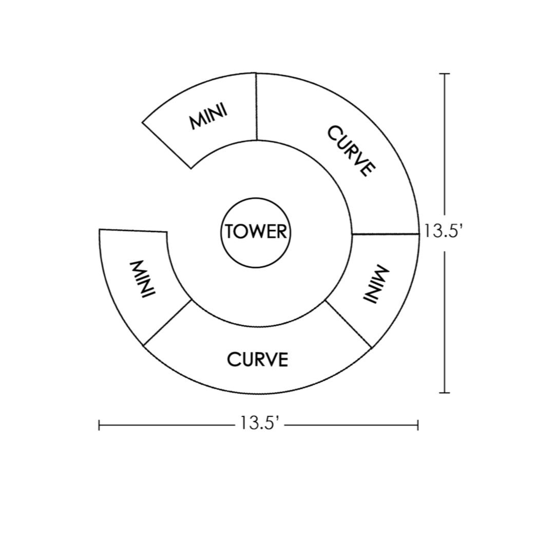 Diagram of a circular tower with labeled sections: MINI and CURVE, measurements of 13.5 inches on the sides, showing the structure and dimensions.