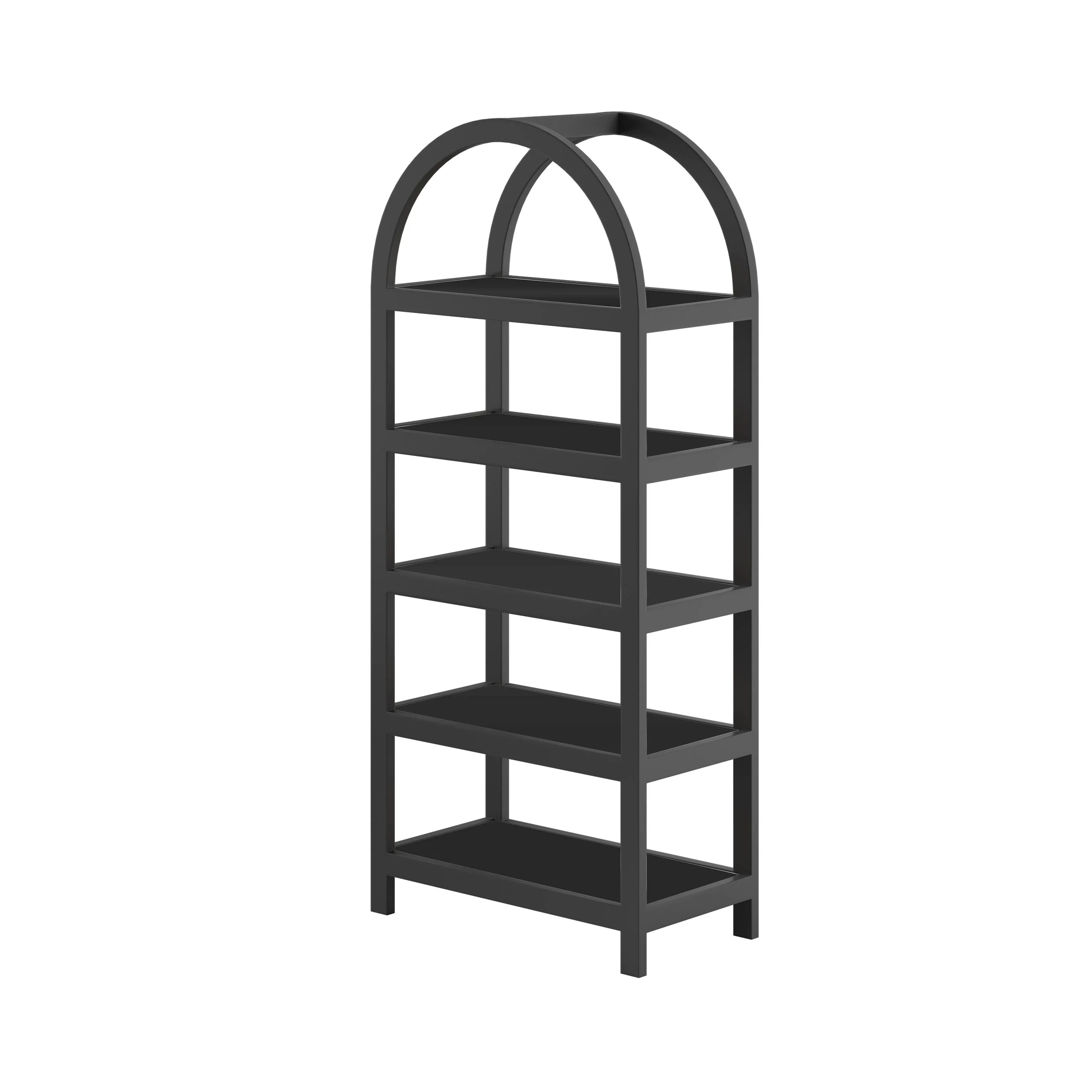 Black metal shelving unit with three open shelves, arched top design, standing against a plain white background.