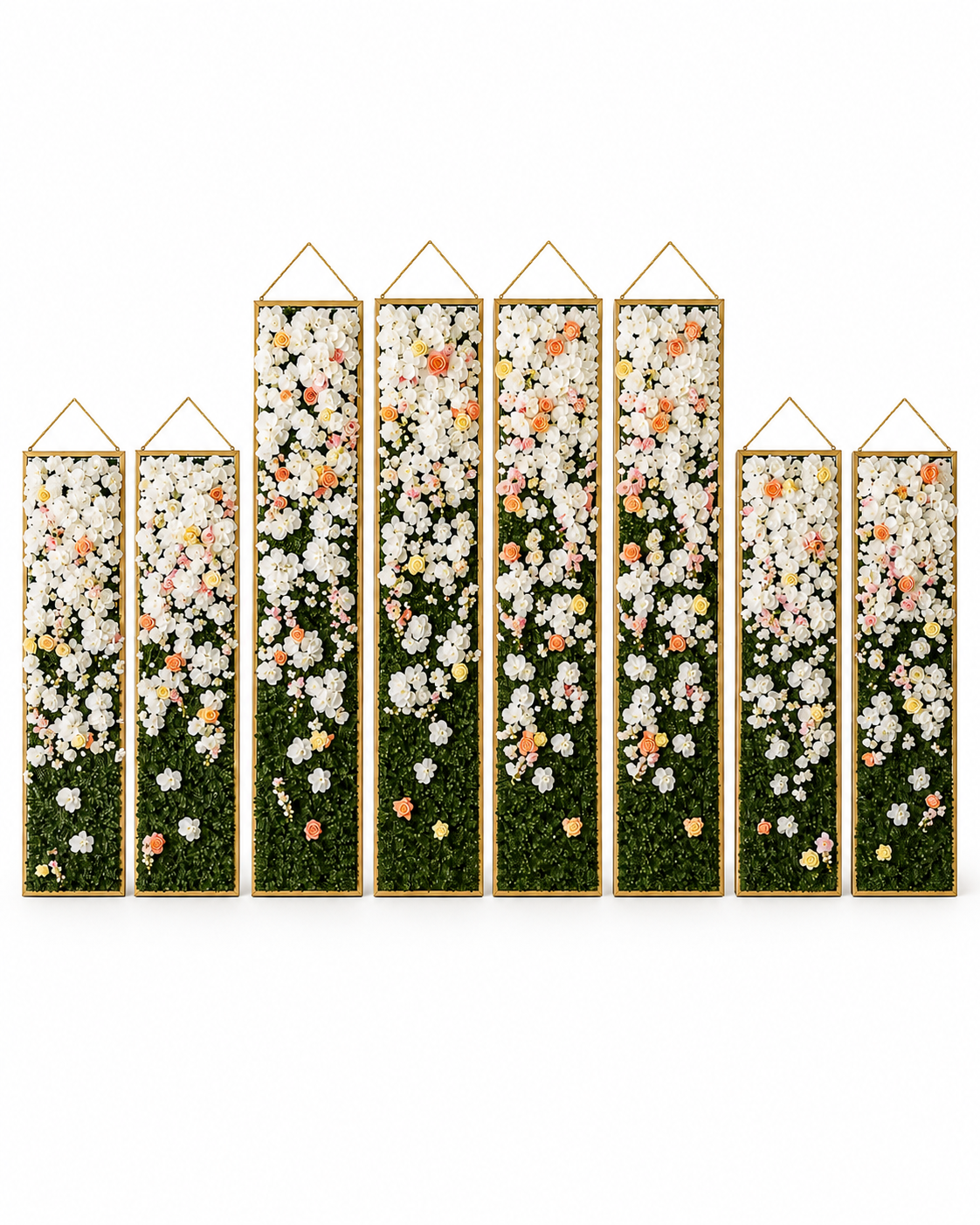 Vertical flower wall display with white, pink, orange, and yellow flowers in metallic frames against a white background.