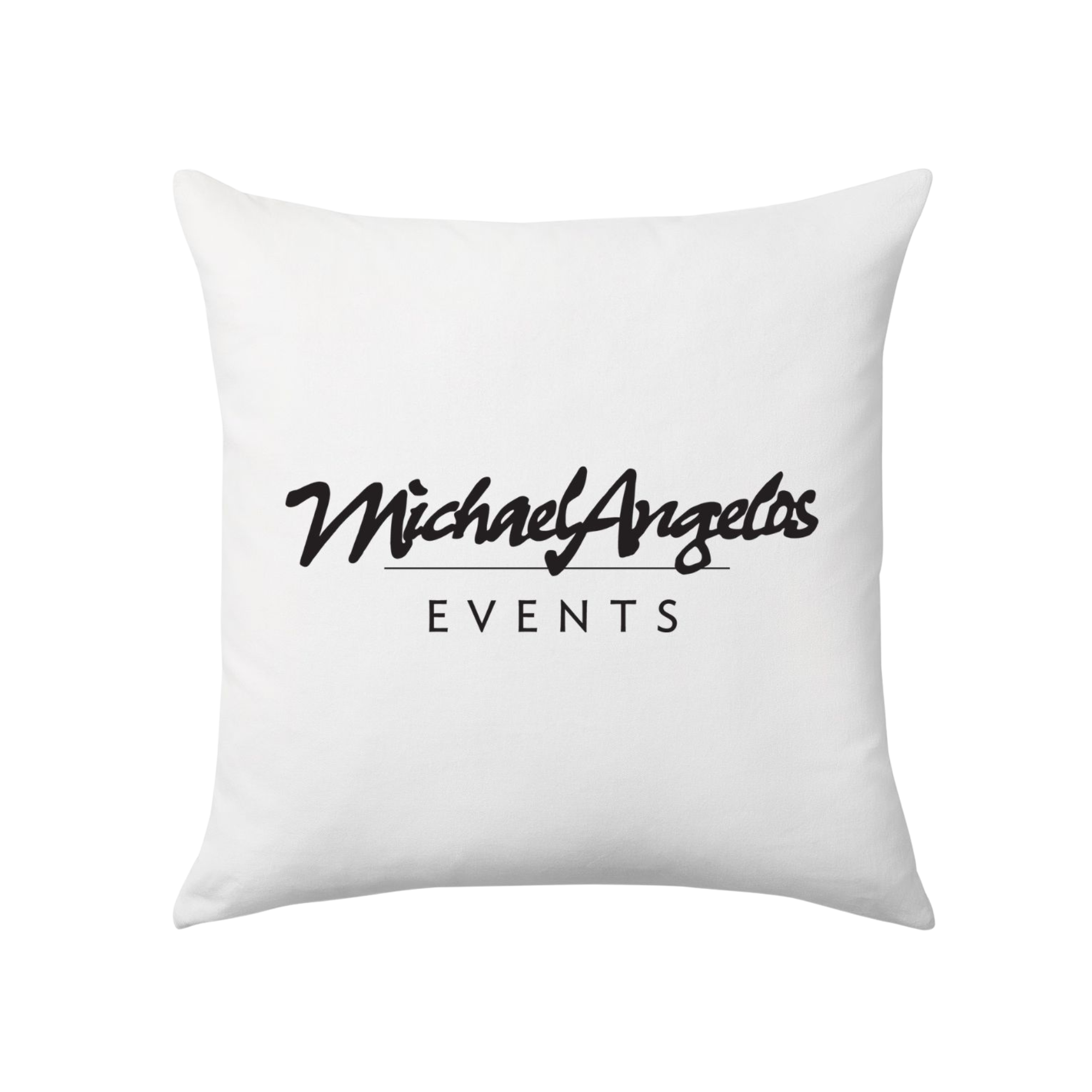 White pillow with 'MichaelAngelos EVENTS' printed in black lettering on the front.